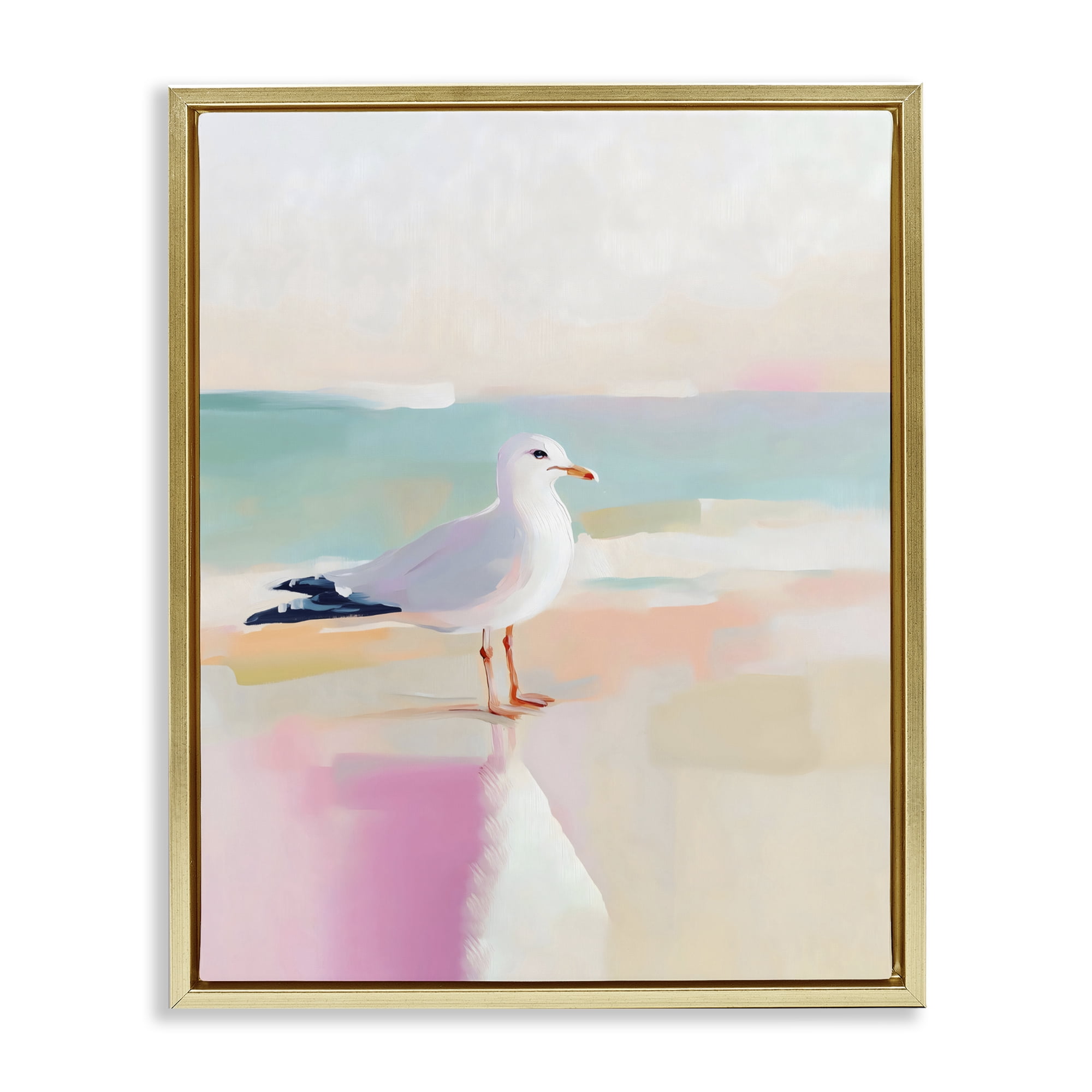 Stupell Industries Seagull Beach Tranquil Reflection Gold Framed Floater Canvas Wall Art, design by The Prints Vibe
