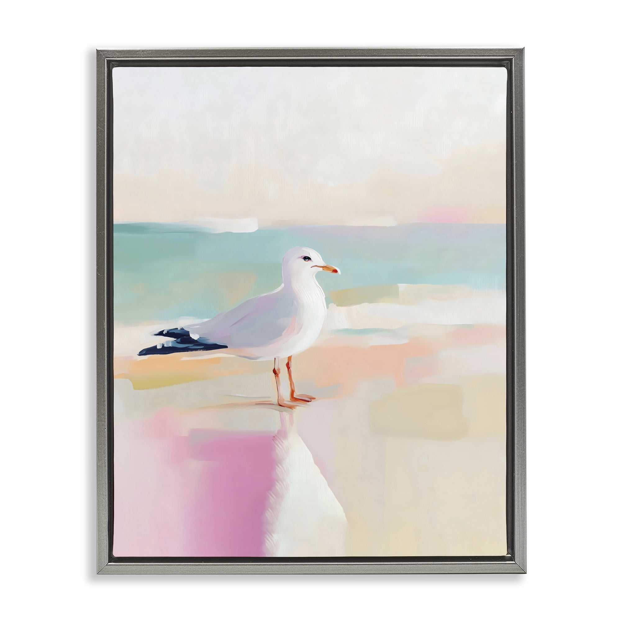 Stupell Industries Seagull Beach Tranquil Reflection Gray Framed Floater Canvas Wall Art, design by The Prints Vibe