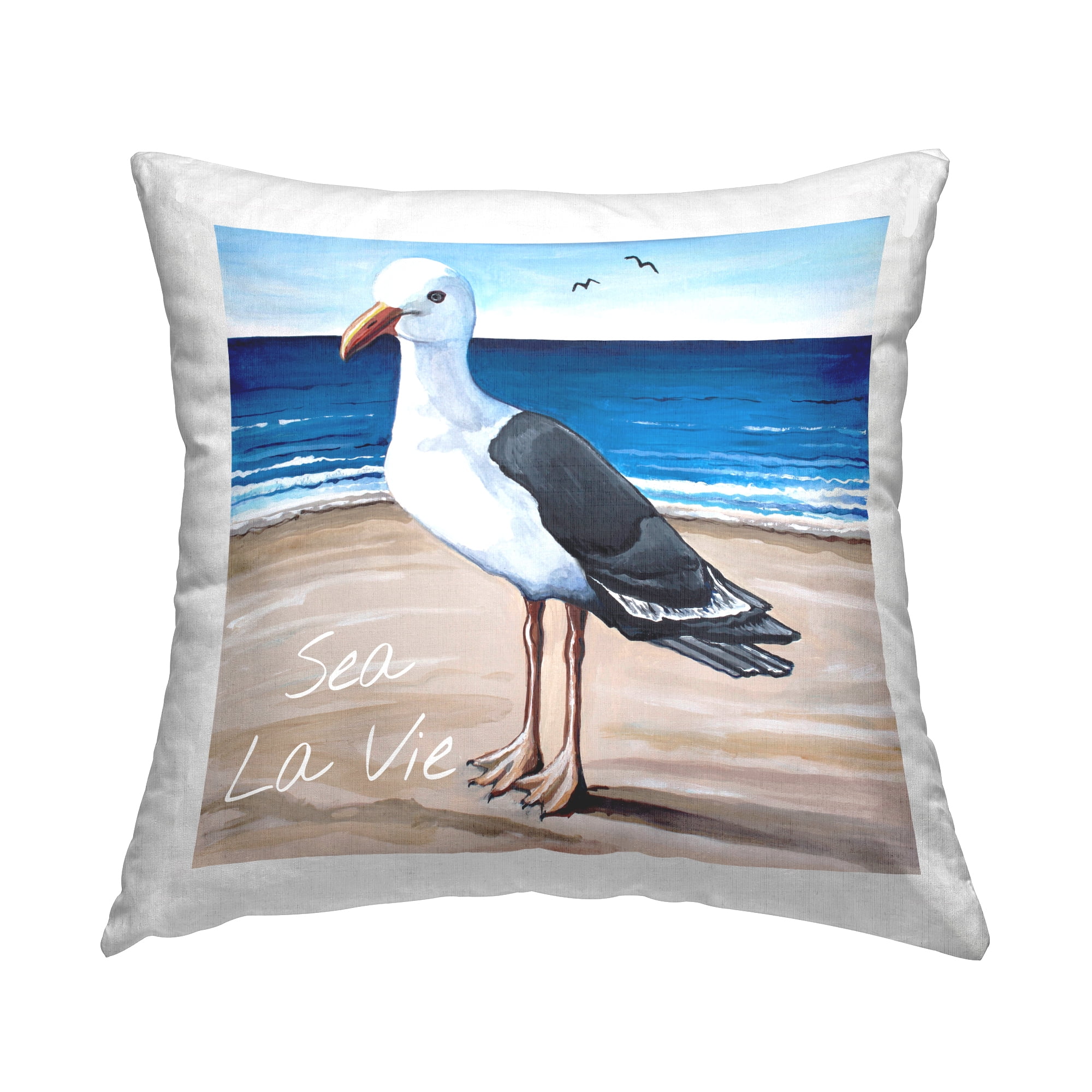 Stupell Industries Seagull Bird Standing Beach Shore Waves Design by Elizabeth Tyndall Throw Pillow