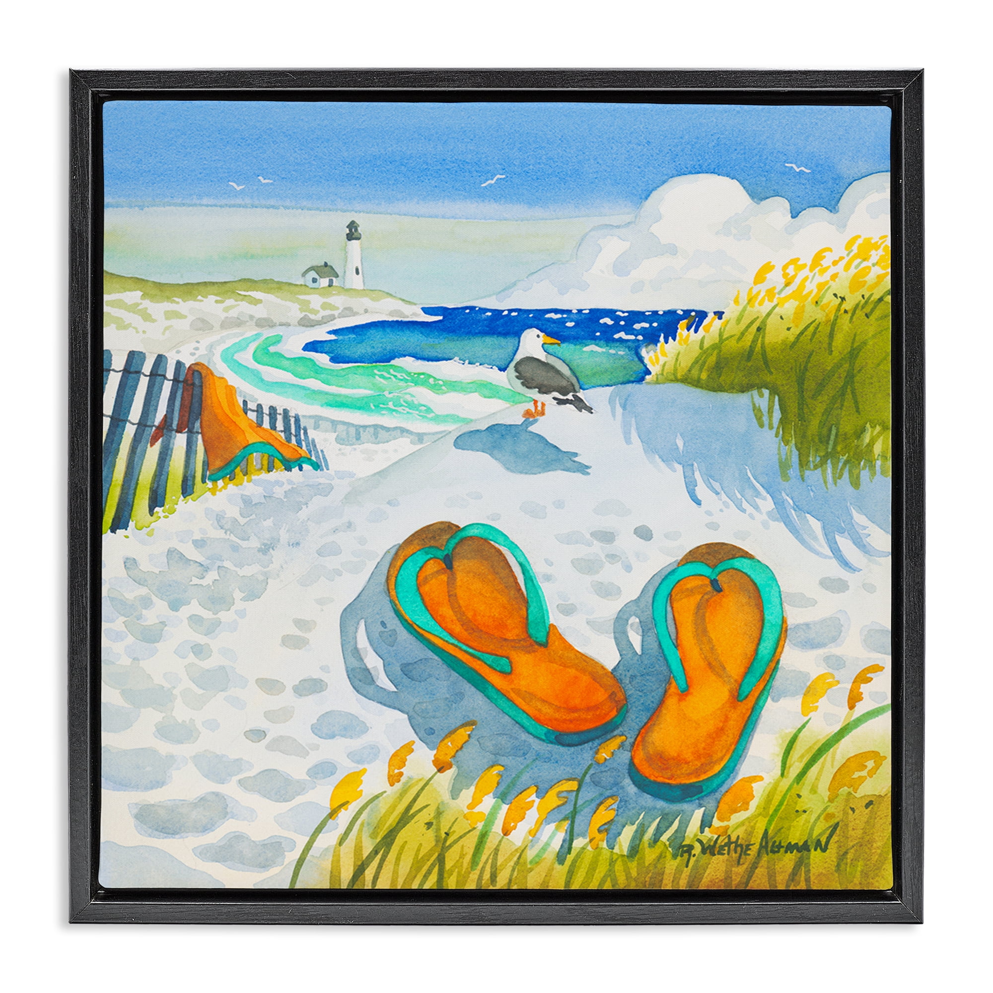 Stupell Industries Seagull & Flip Flops Black Framed Floater Canvas Wall Art, design by Robin Altman