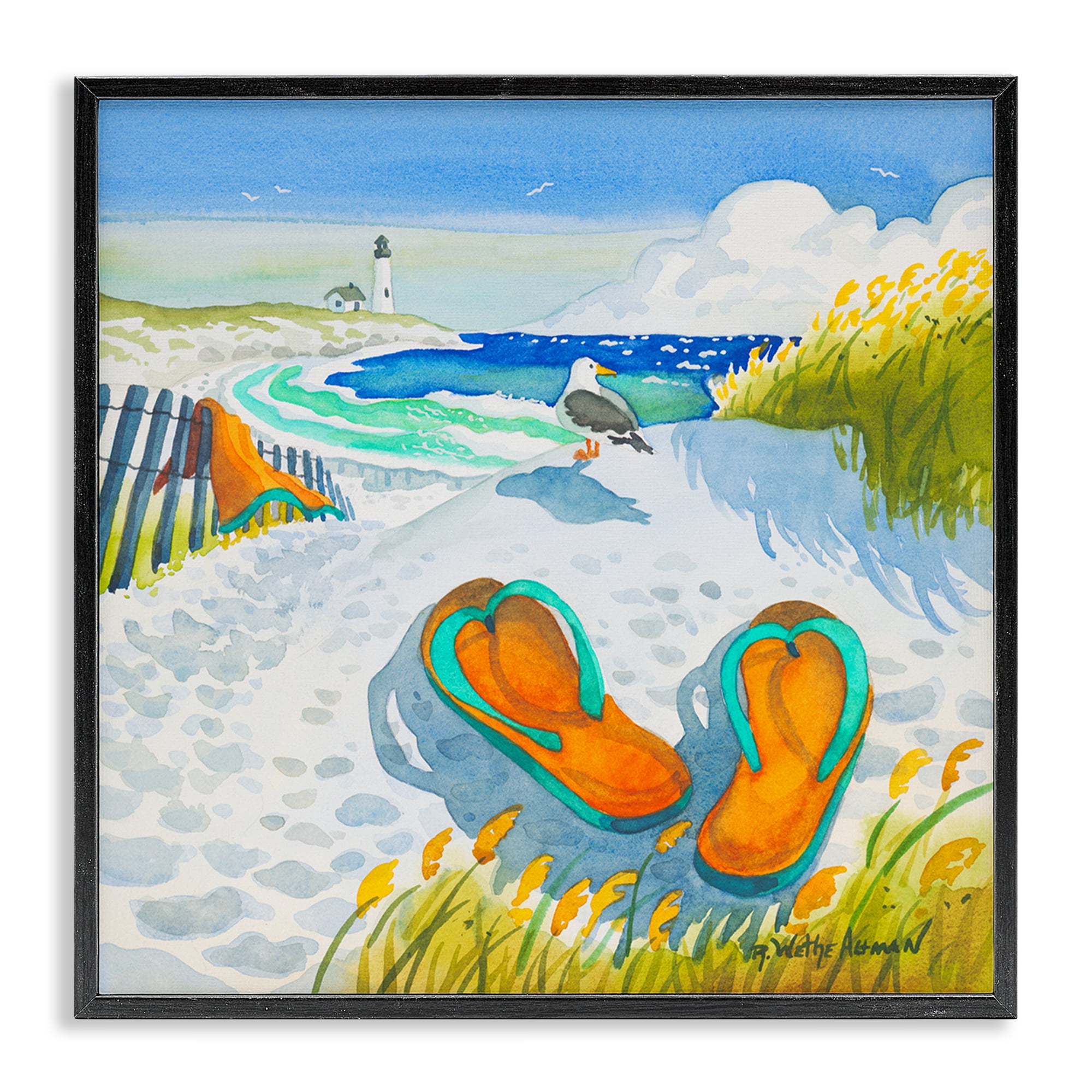 Stupell Industries Seagull & Flip Flops Black Framed Giclee Art, design by Robin Altman