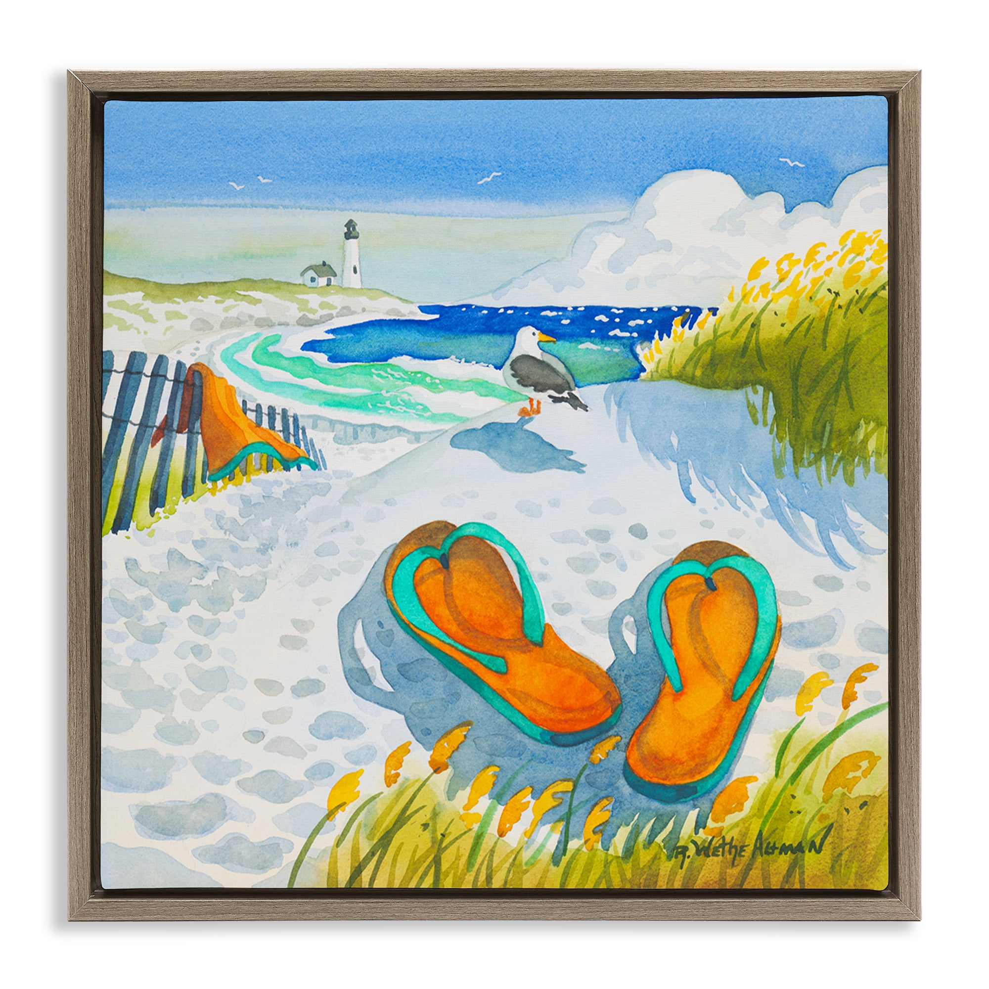 Stupell Industries Seagull & Flip Flops Brown Framed Floater Canvas Wall Art, design by Robin Altman