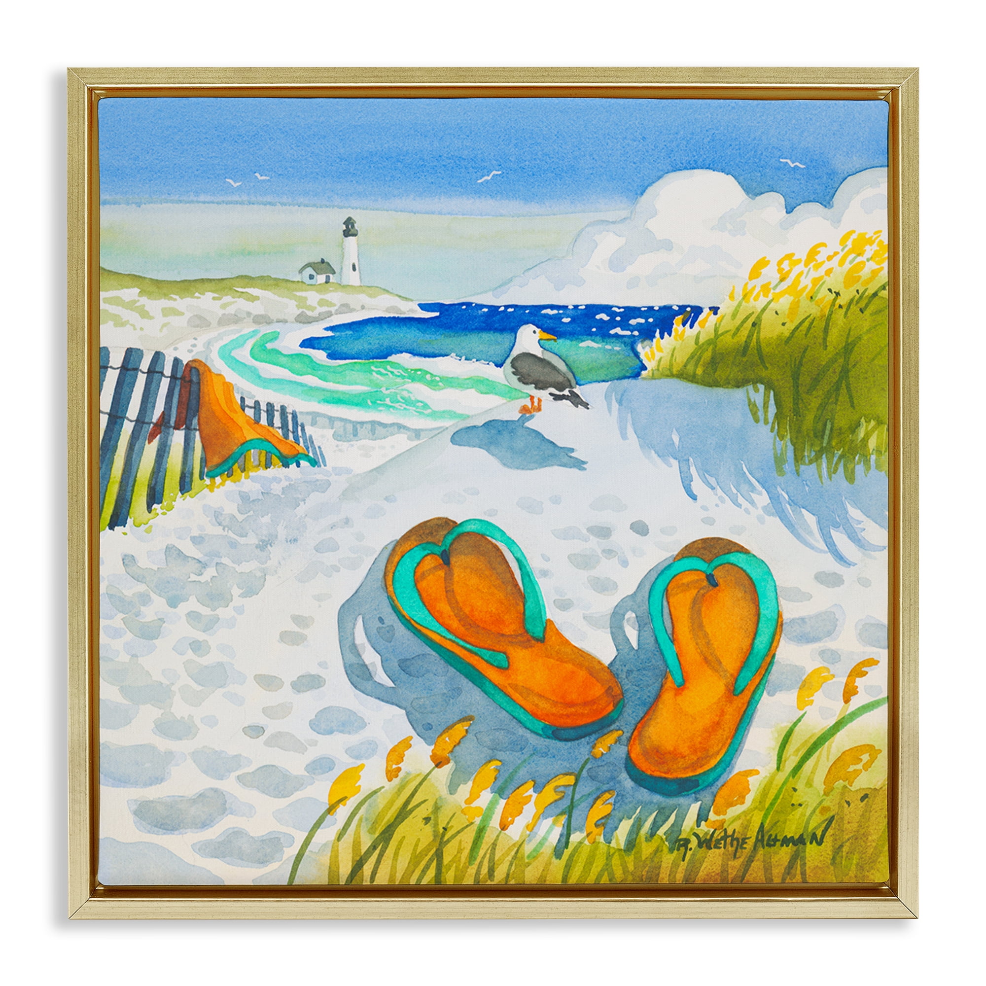 Stupell Industries Seagull & Flip Flops Gold Framed Floater Canvas Wall Art, design by Robin Altman