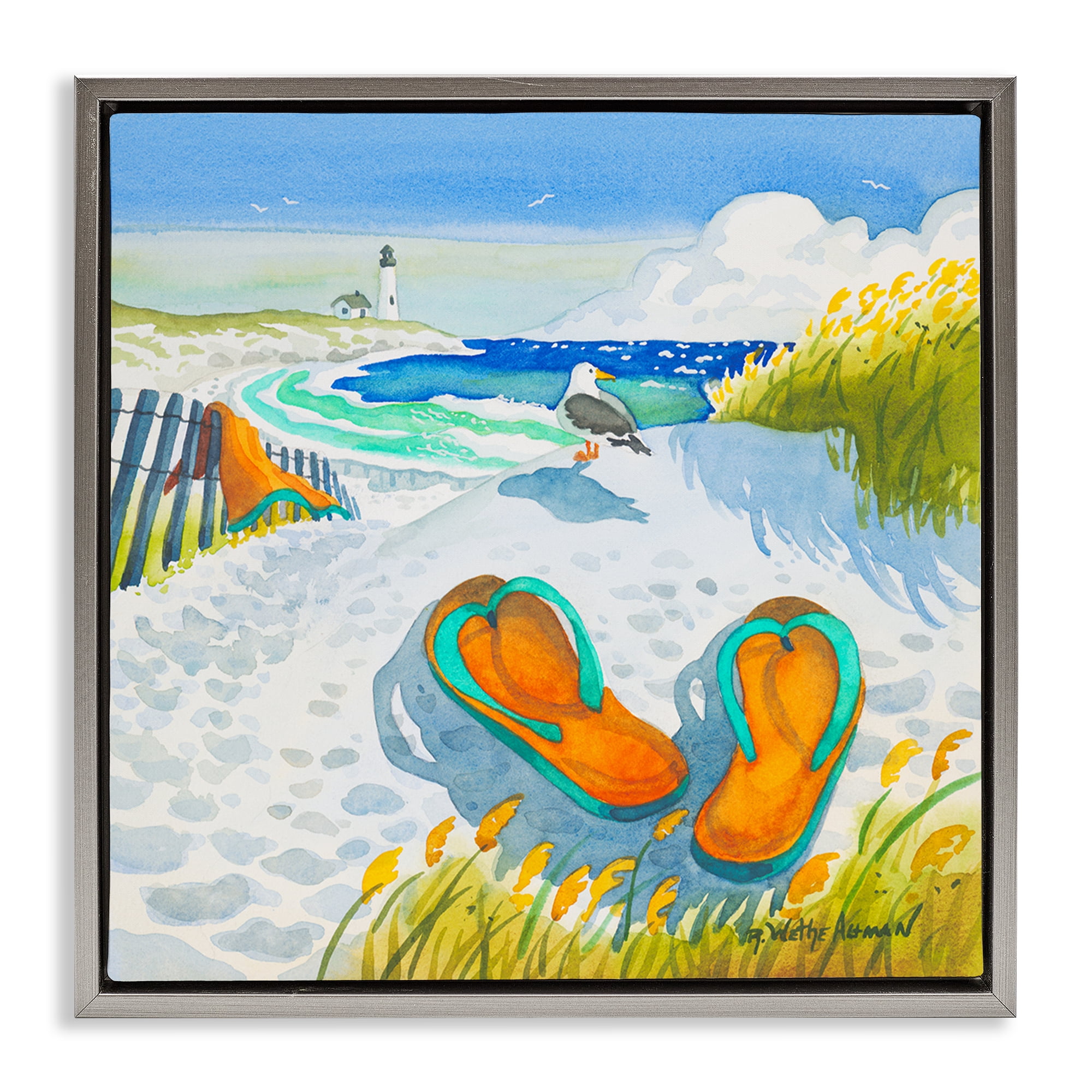 Stupell Industries Seagull & Flip Flops Gray Framed Floater Canvas Wall Art, design by Robin Altman