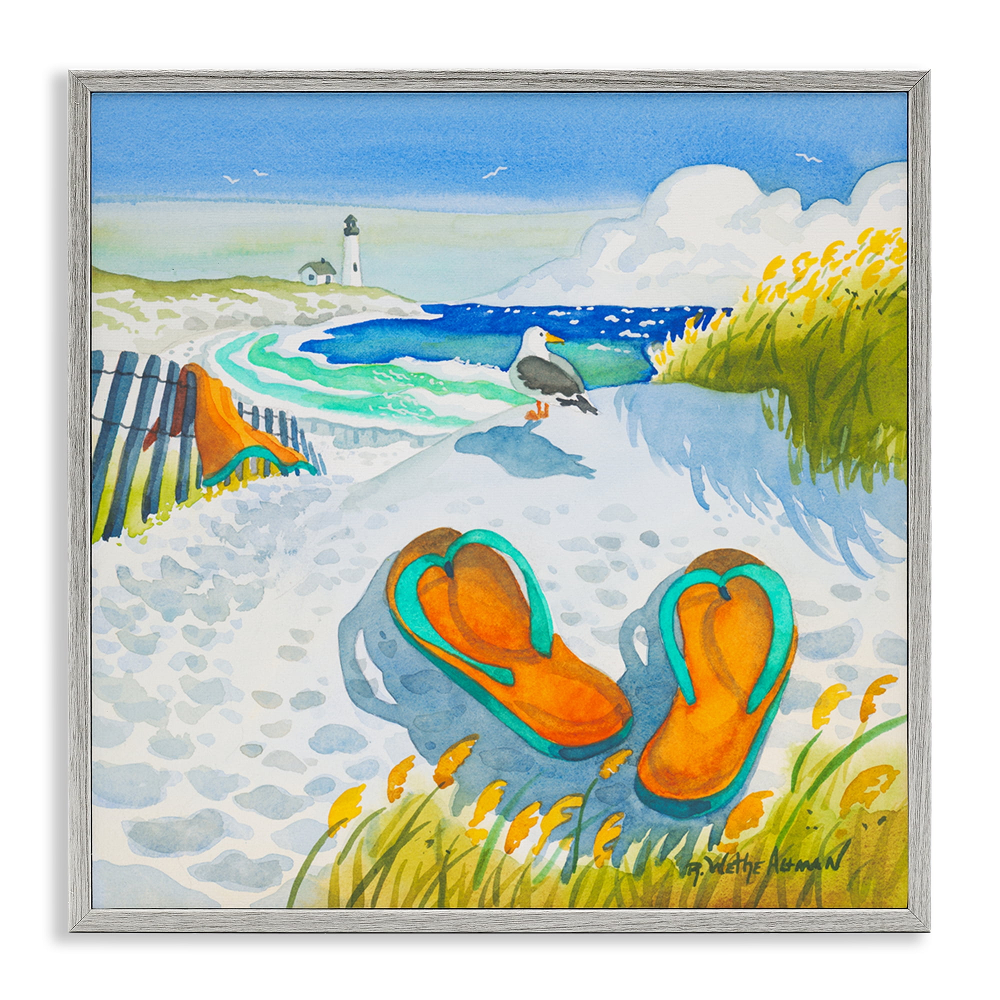 Stupell Industries Seagull & Flip Flops Gray Framed Giclee Art, design by Robin Altman