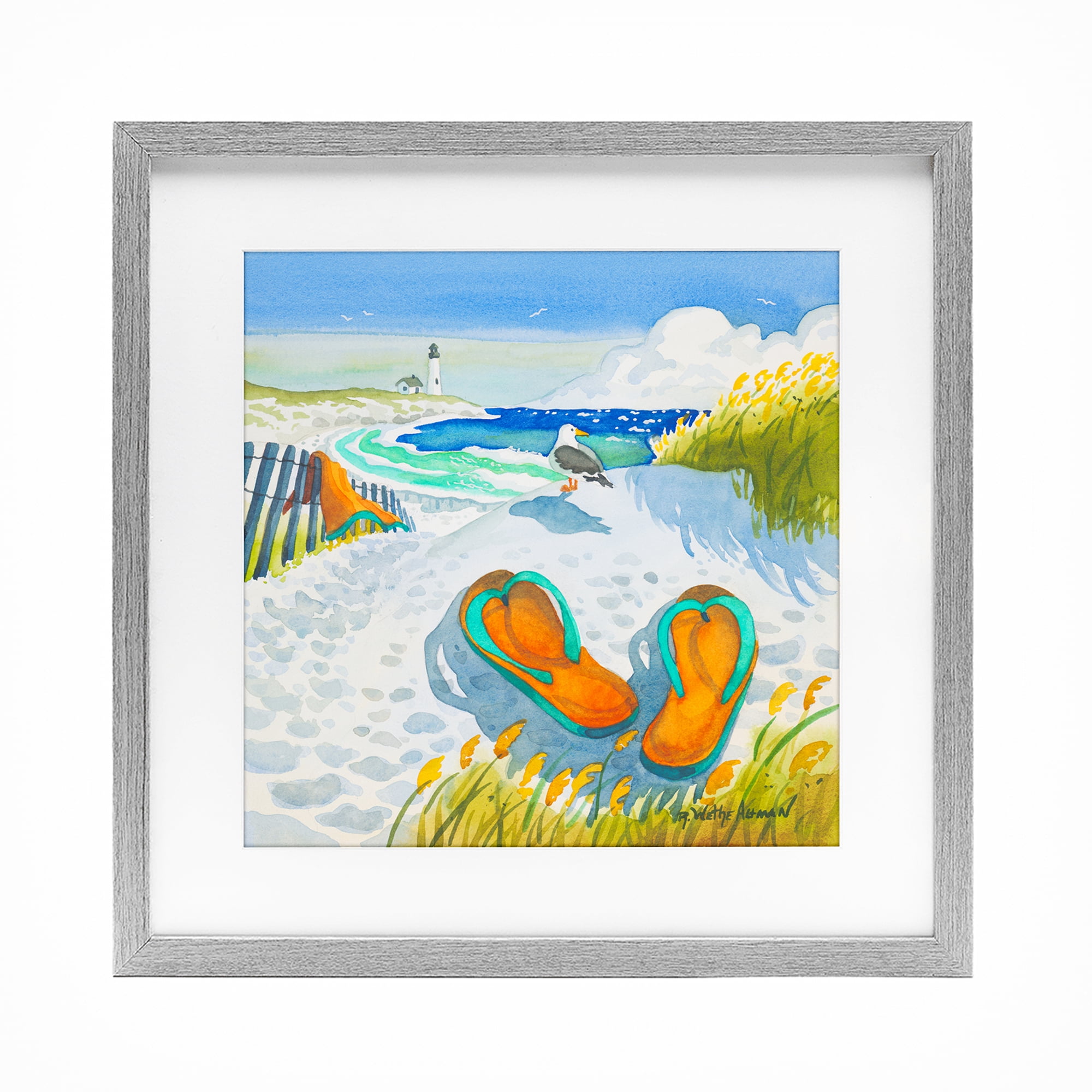 Stupell Industries Seagull & Flip Flops Gray Framed Print Under Glass, design by Robin Altman