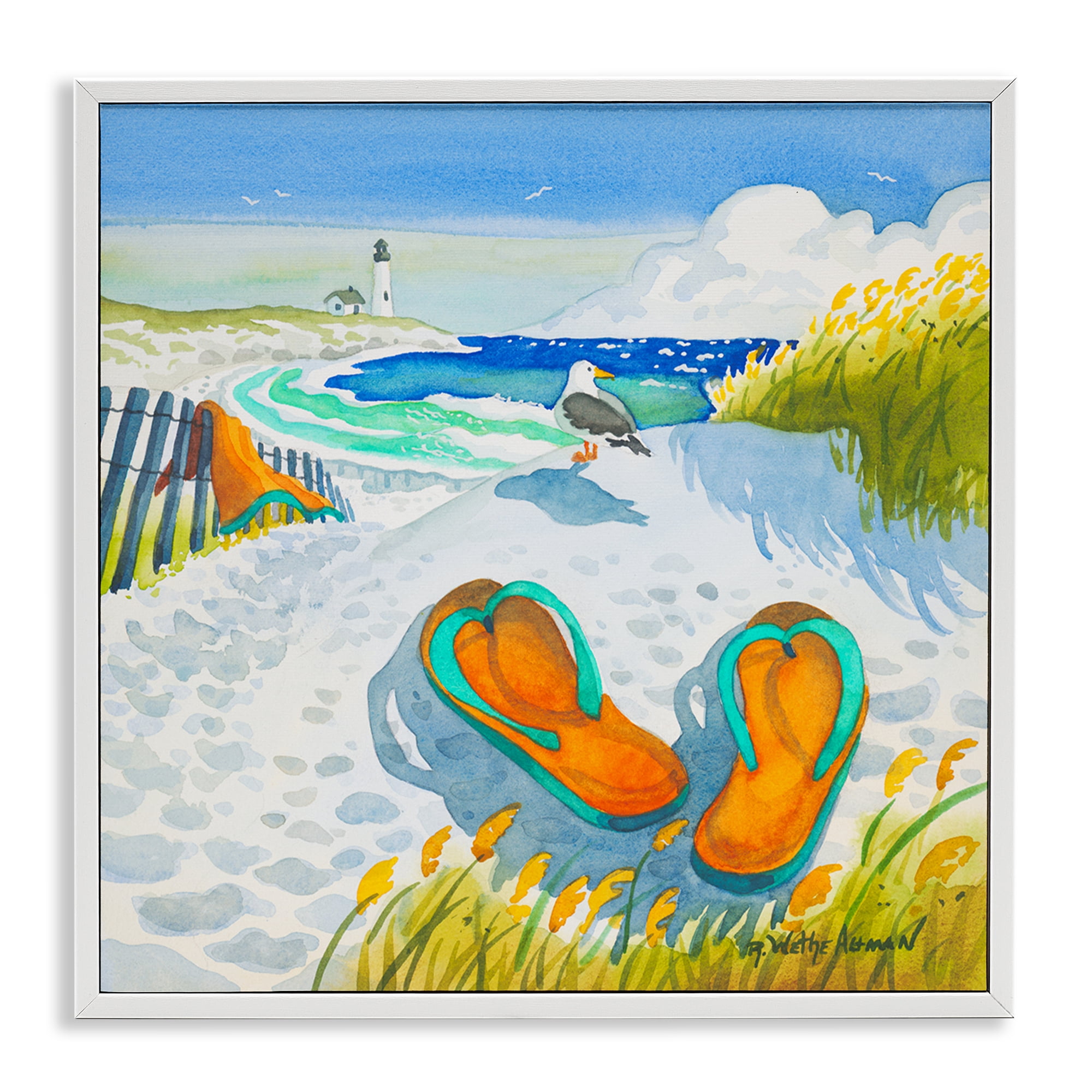 Stupell Industries Seagull & Flip Flops White Framed Giclee Art, design by Robin Altman