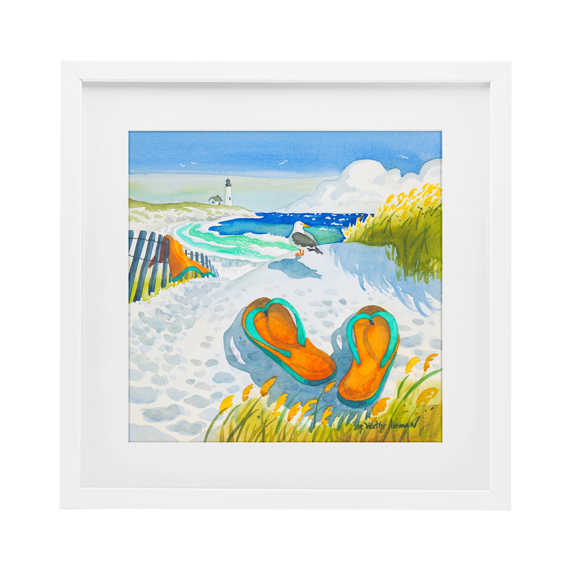 Stupell Industries Seagull & Flip Flops White Framed Print Under Glass, design by Robin Altman