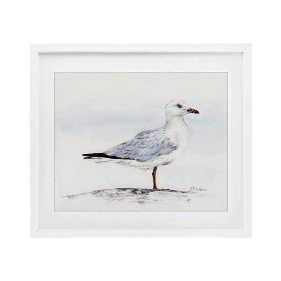 Seagull On Sand Portrait White Framed Print Under Glass, 16 x 13, Made In USA