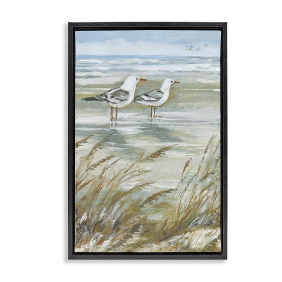 Stupell Industries Seagull Pair Standing On Beach Beach Painting Black Floater Framed Canvas Art Print Wall Art, 17 x 25