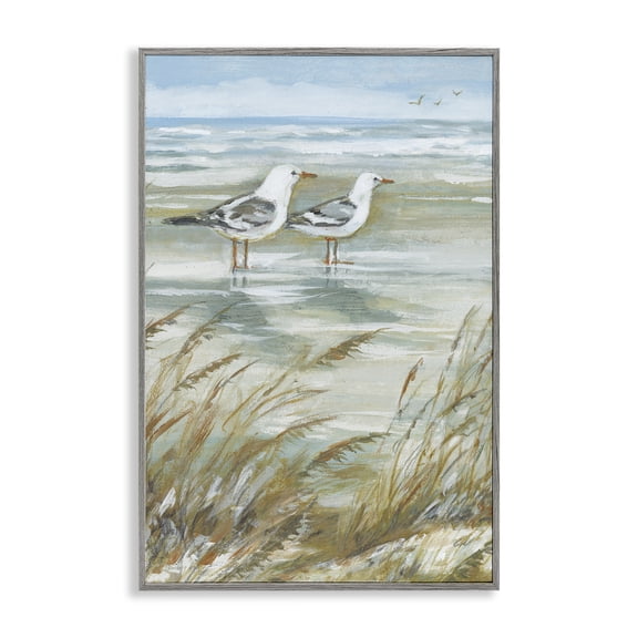 Stupell Industries Seagull Pair Standing On Beach Beach Painting Gray Framed Art Print Wall Art, 20 x 30