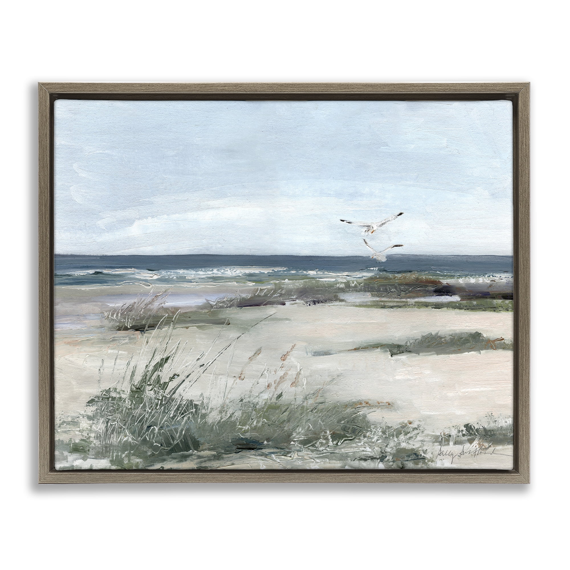 Stupell Industries Seagull Pair over Waves Brown Framed Floater Canvas Wall Art, design by Sally Swatland