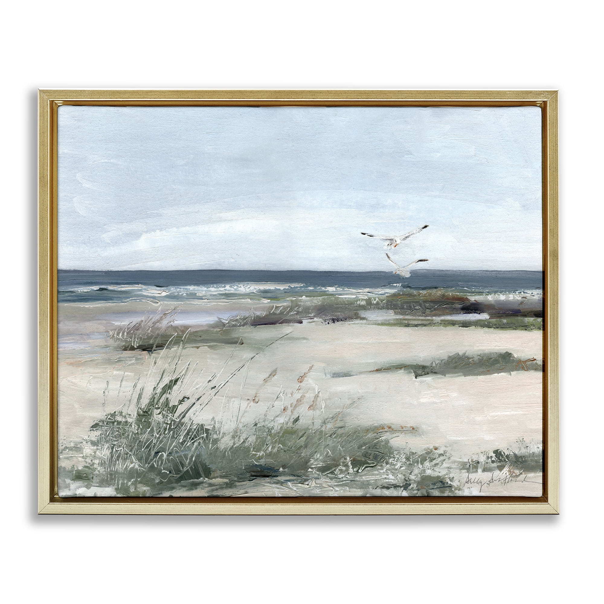 Stupell Industries Seagull Pair over Waves Gold Framed Floater Canvas Wall Art, design by Sally Swatland