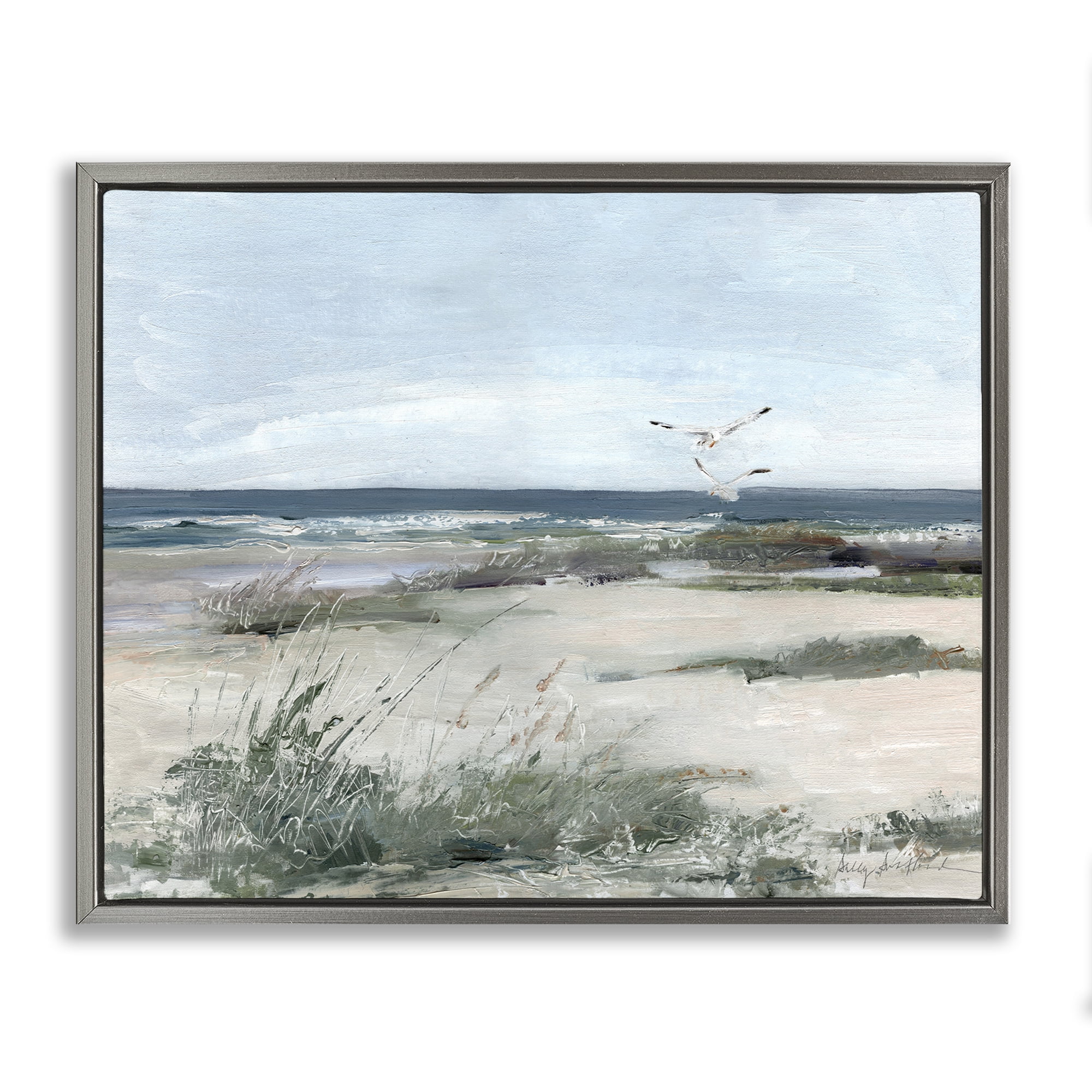 Stupell Industries Seagull Pair over Waves Gray Framed Floater Canvas Wall Art, design by Sally Swatland