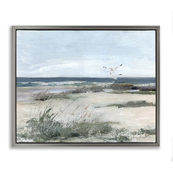 Stupell Industries Seagull Pair over Waves Gray Framed Floater Canvas Wall Art, design by Sally Swatland