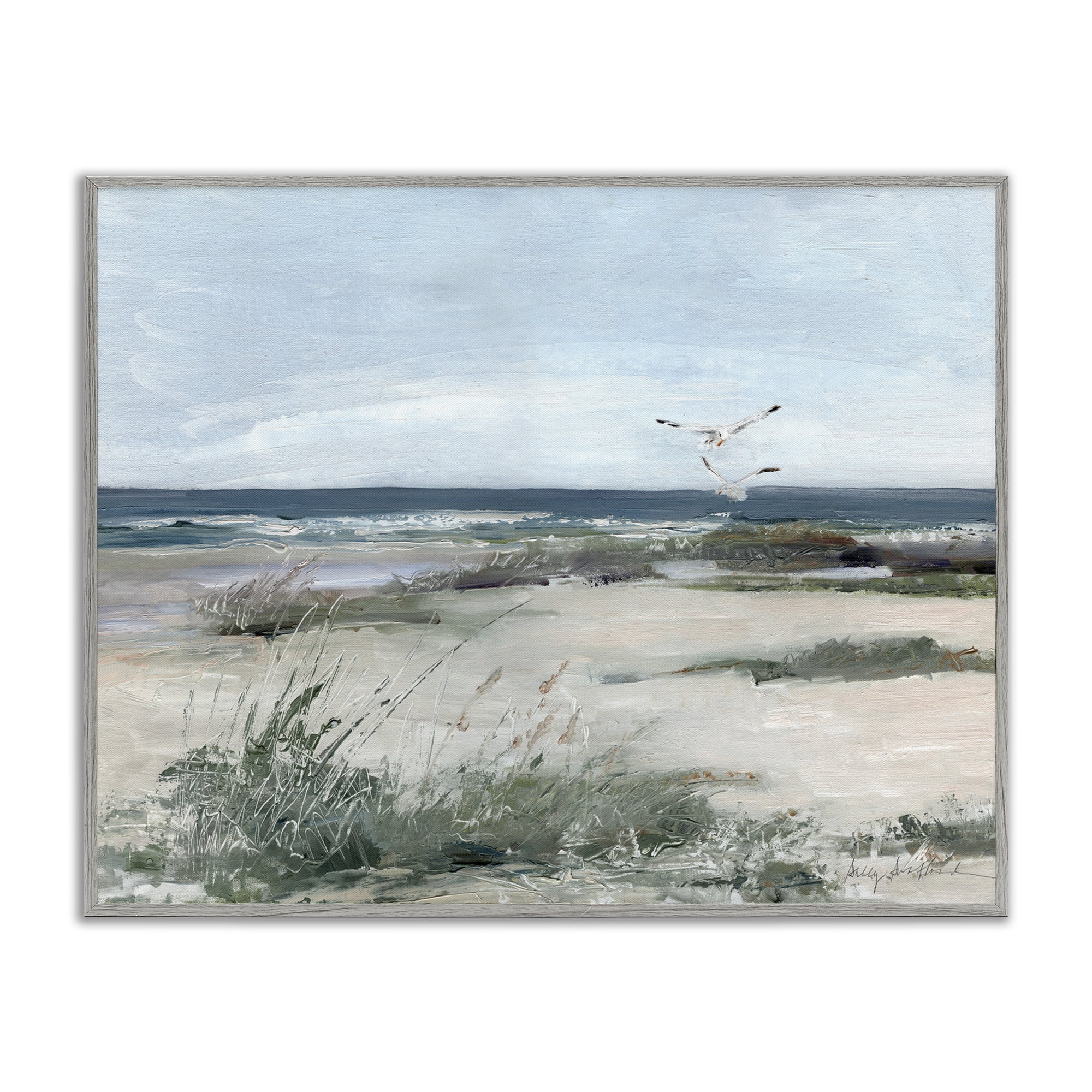 Stupell Industries Seagull Pair over Waves Gray Framed Giclee Art, design by Sally Swatland