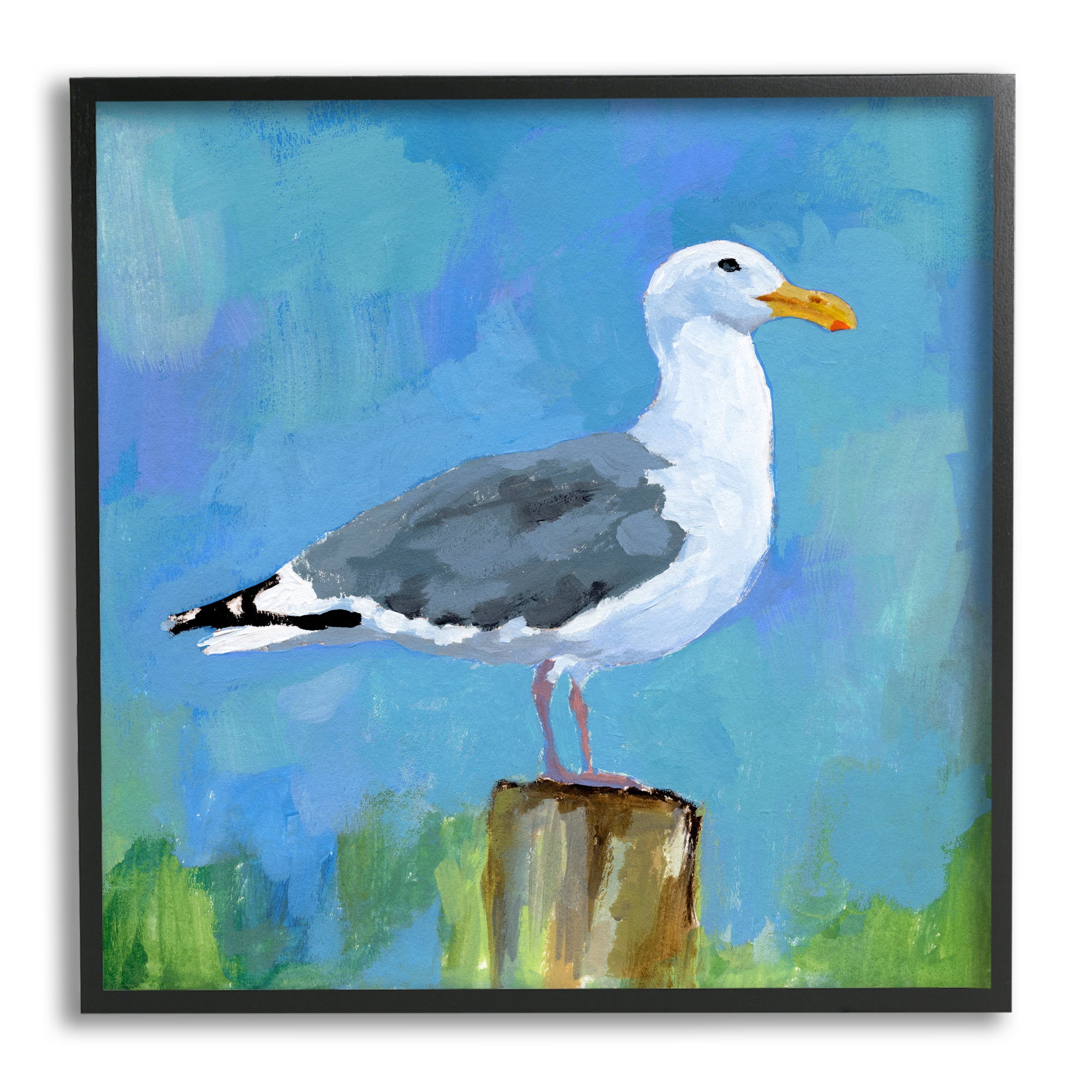 Stupell Industries Seagull Perched Painting Animals & Insects Painting Black Framed Art Print Wall Art, 17 x 17