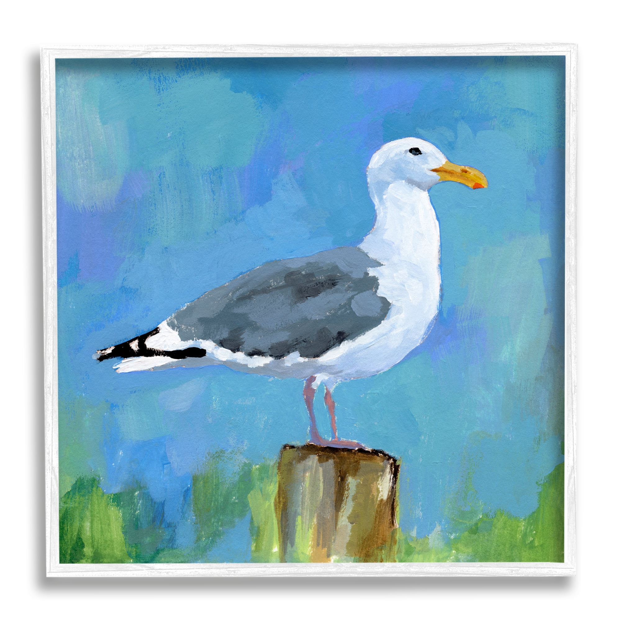 Stupell Industries Seagull Perched Painting Animals & Insects Painting White Framed Art Print Wall Art, 17 x 17