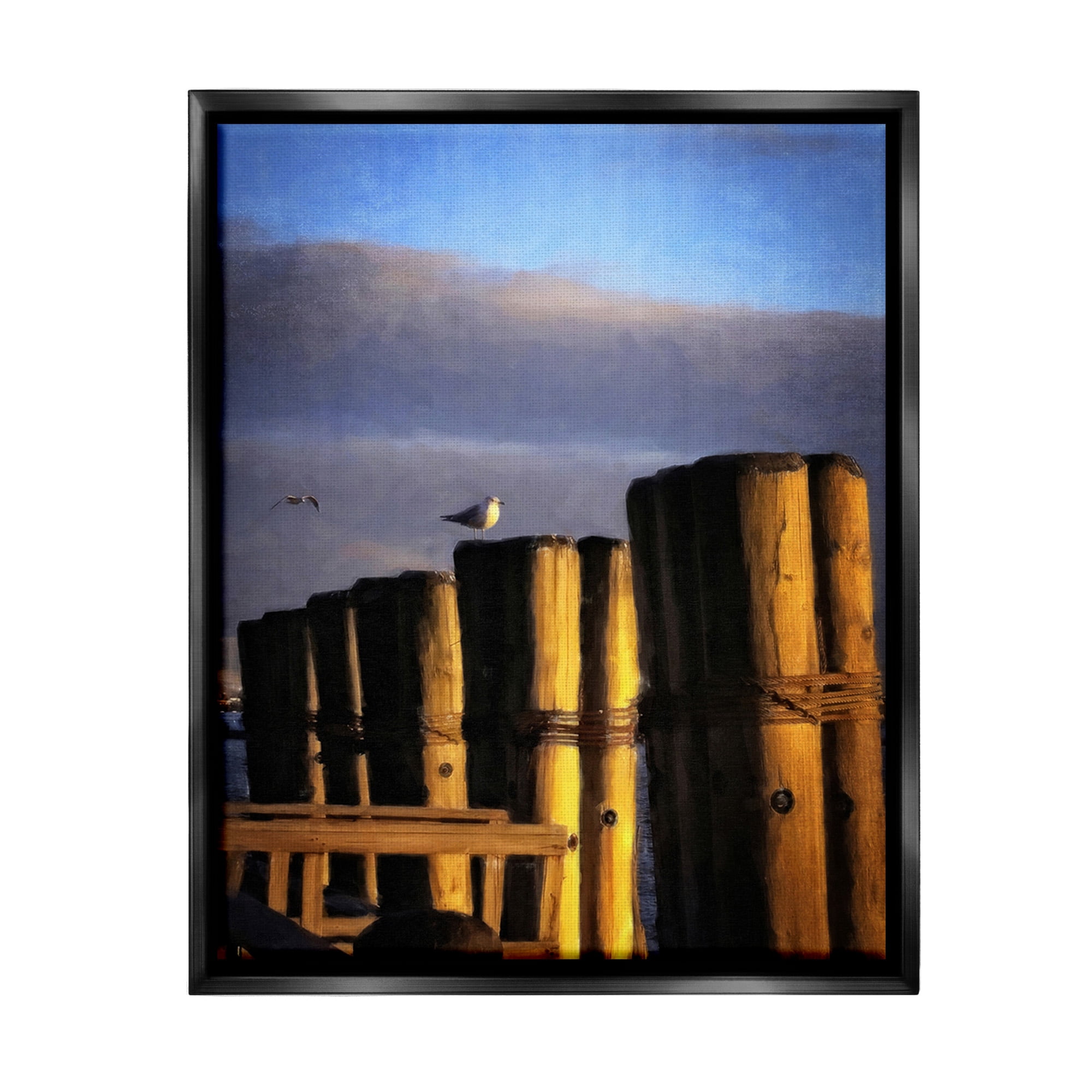 Stupell Industries Seagull Perched on Pier Animals & Insects Painting Black Floater Framed Canvas Art Print Wall Art, 25 x 31