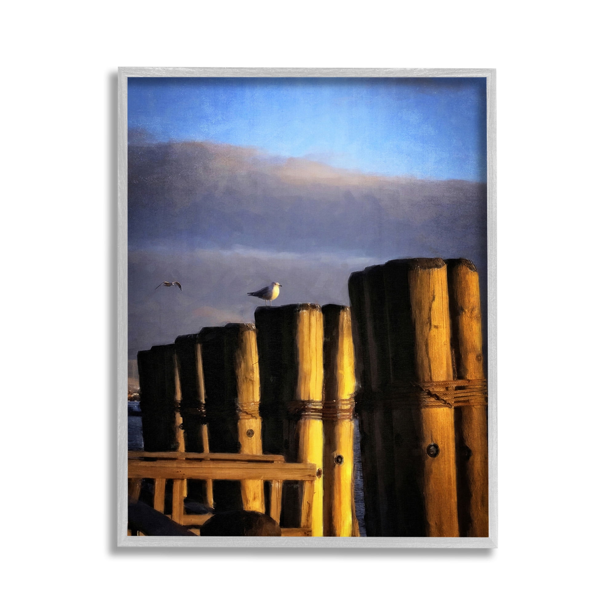 Stupell Industries Seagull Perched on Pier Animals & Insects Painting Gray Framed Art Print Wall Art, 11 x 14