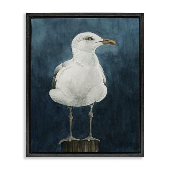 Stupell Industries Seagull Perched over Blue Animals Painting Black Floater Framed Canvas Art Print Wall Art, 17 x 21