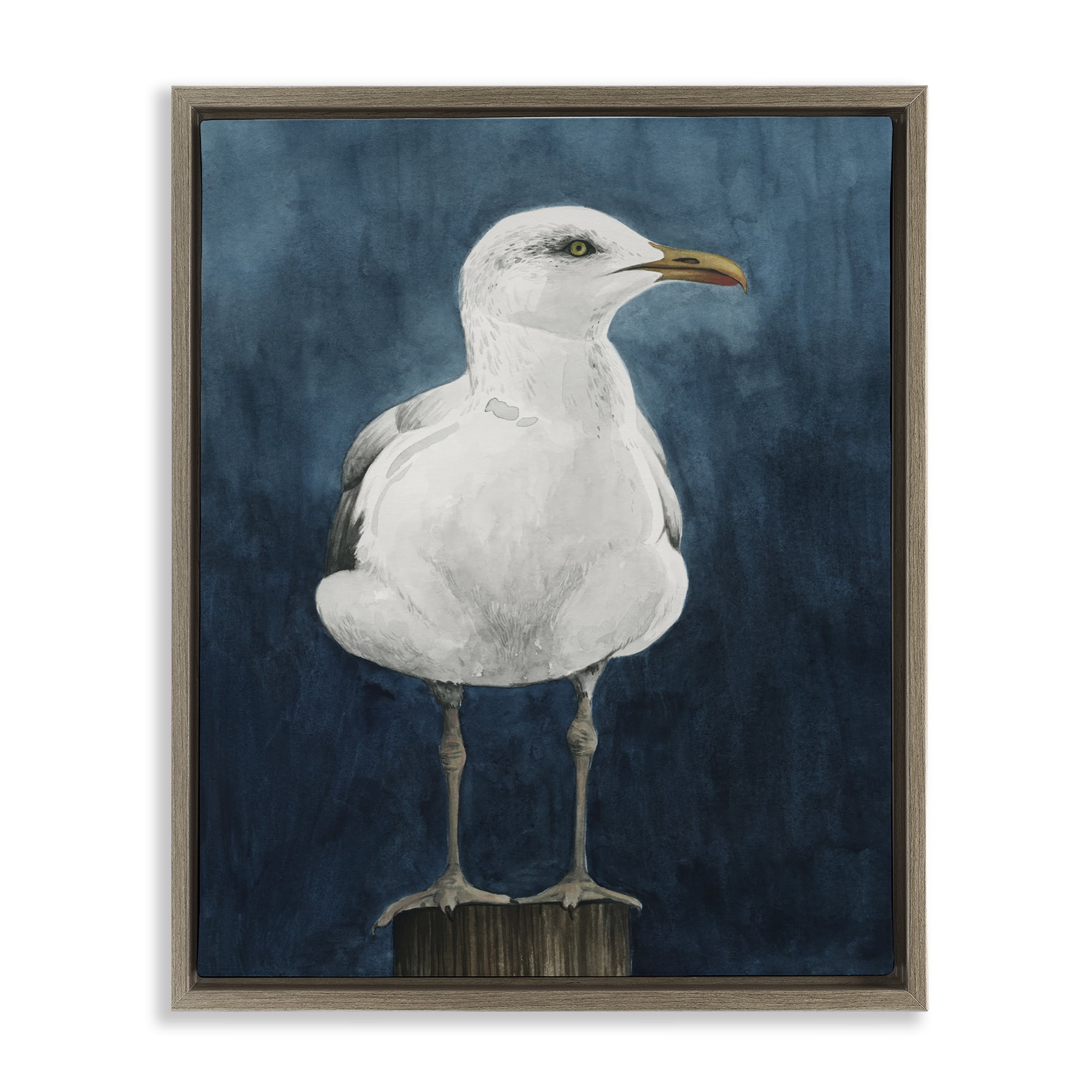 Stupell Industries Seagull Perched over Blue Animals Painting Brown Floater Framed Canvas Art Print Wall Art, 17 x 21