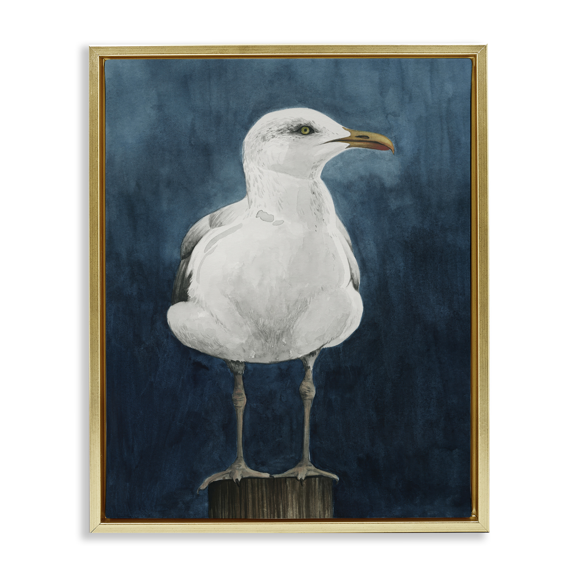Stupell Industries Seagull Perched over Blue Animals Painting Gold Floater Framed Canvas Art Print Wall Art, 17 x 21