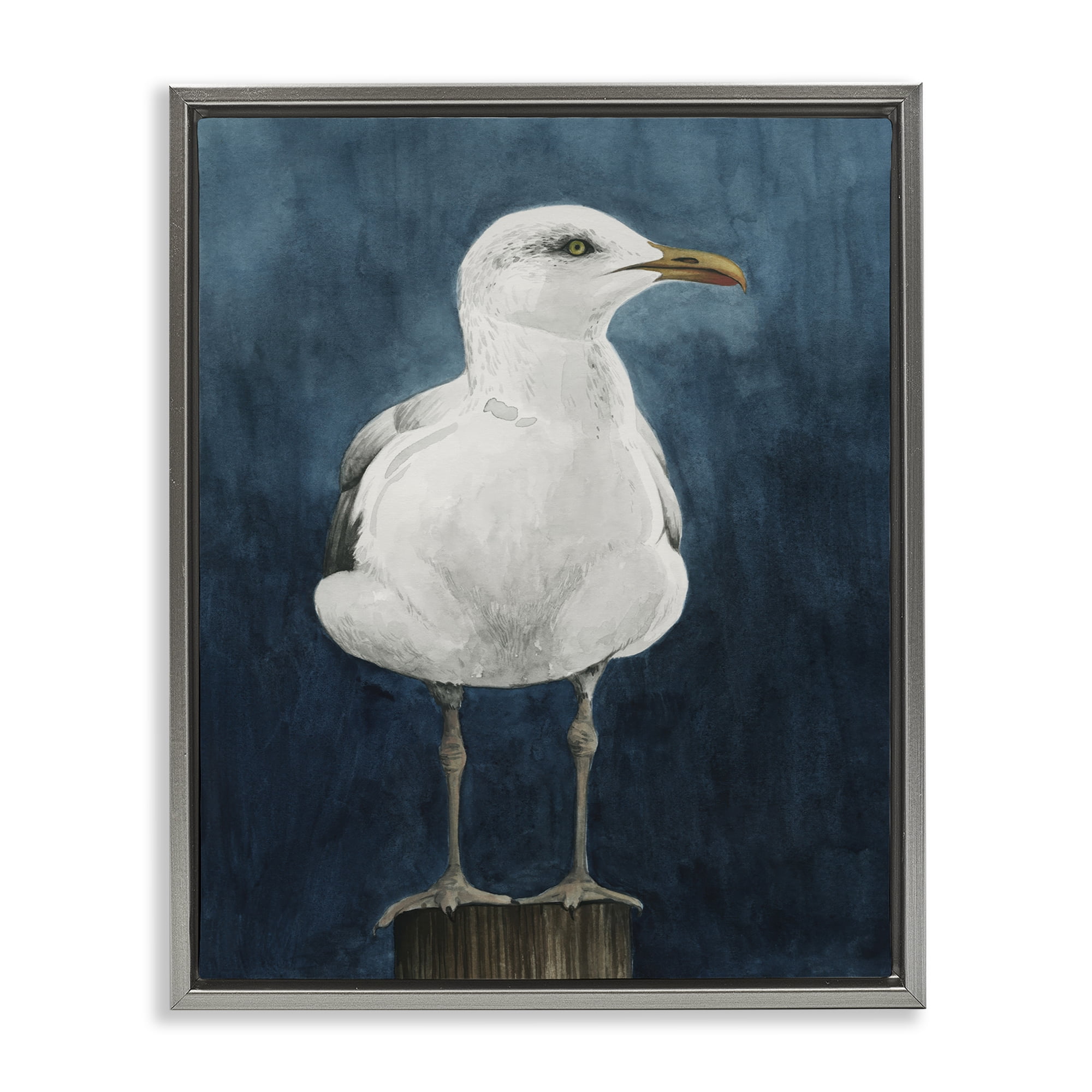 Stupell Industries Seagull Perched over Blue Animals Painting Gray Floater Framed Canvas Art Print Wall Art, 17 x 21