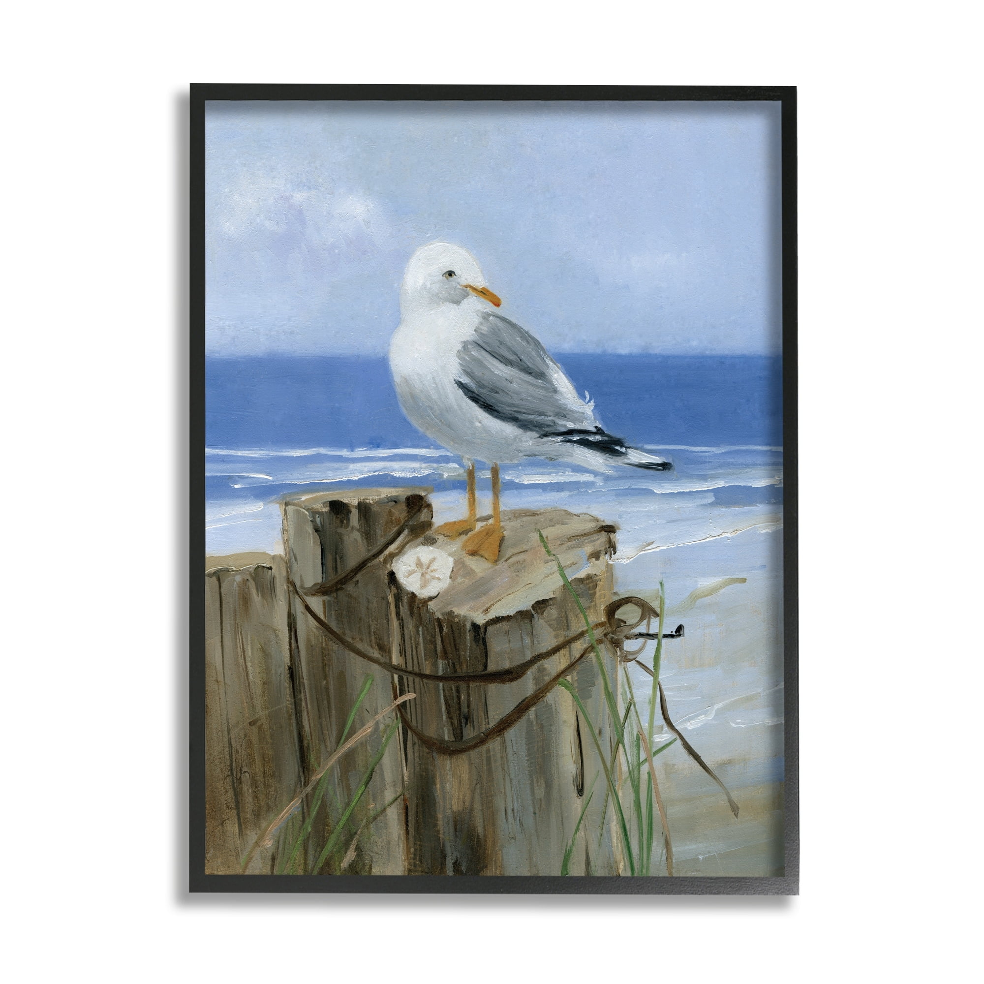 Stupell Industries Seagull Sand Dollar on Soft Nautical Beach Post Animals & Insects Painting Black Framed Art Print Wall Art, 16 x 20