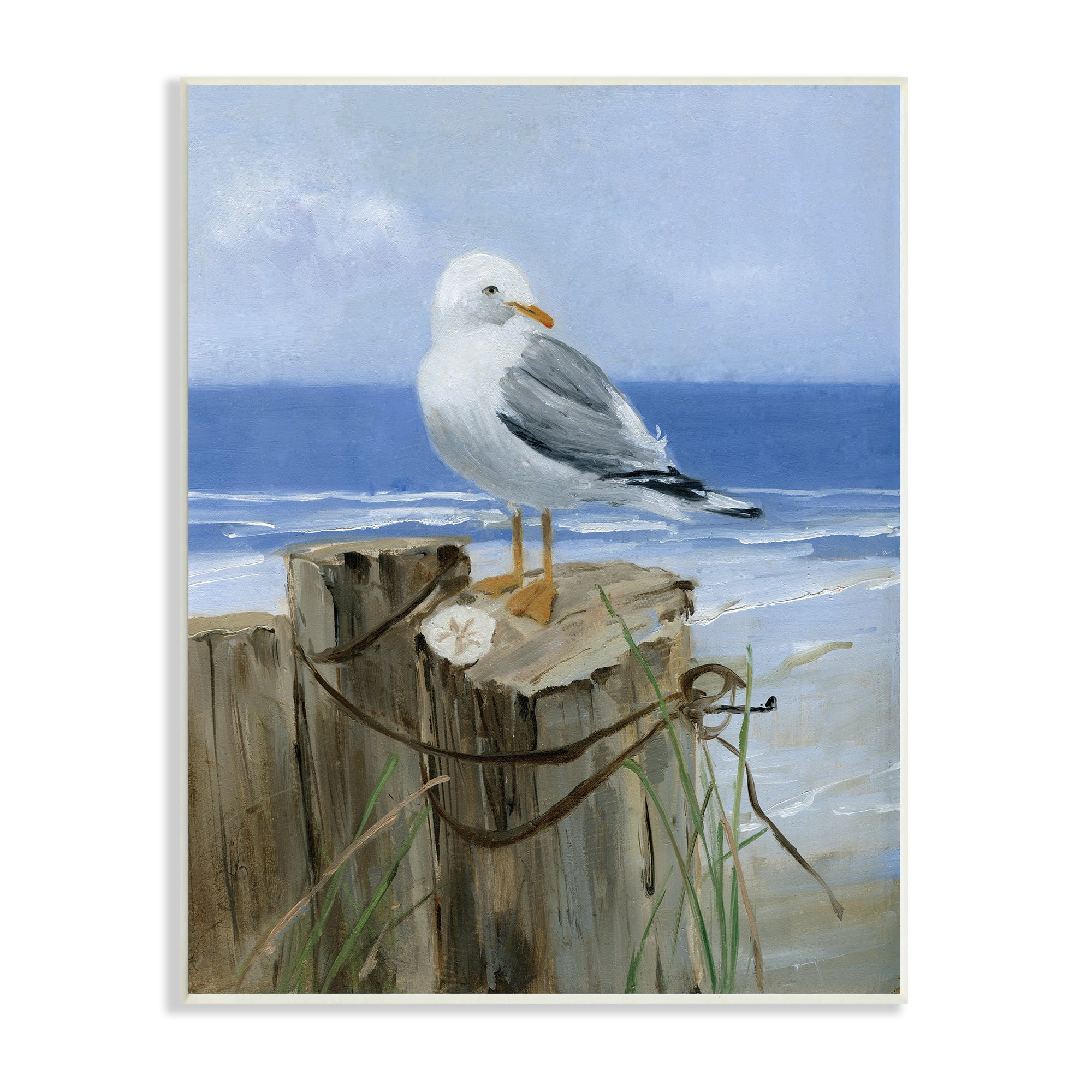 Stupell Industries Seagull Sand Dollar on Soft Nautical Beach Post Animals & Insects Painting Unframed Art Print Wall Art, 13 x 19