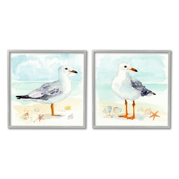 Stupell Industries Seagull & Sandpiper Birds Animals & Insects Painting Gray Framed Art Print Wall Art, 24 x 24