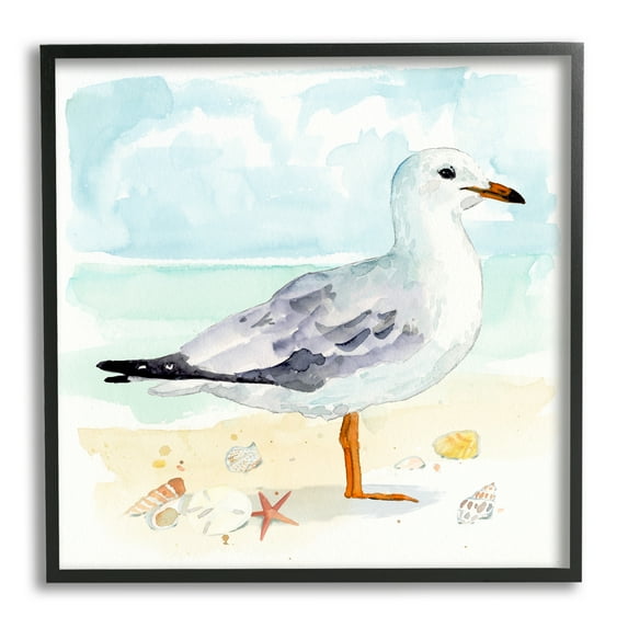 Stupell Industries Seagull & Seashells on Shore Animals & Insects Painting Black Framed Art Print Wall Art, 12 x 12