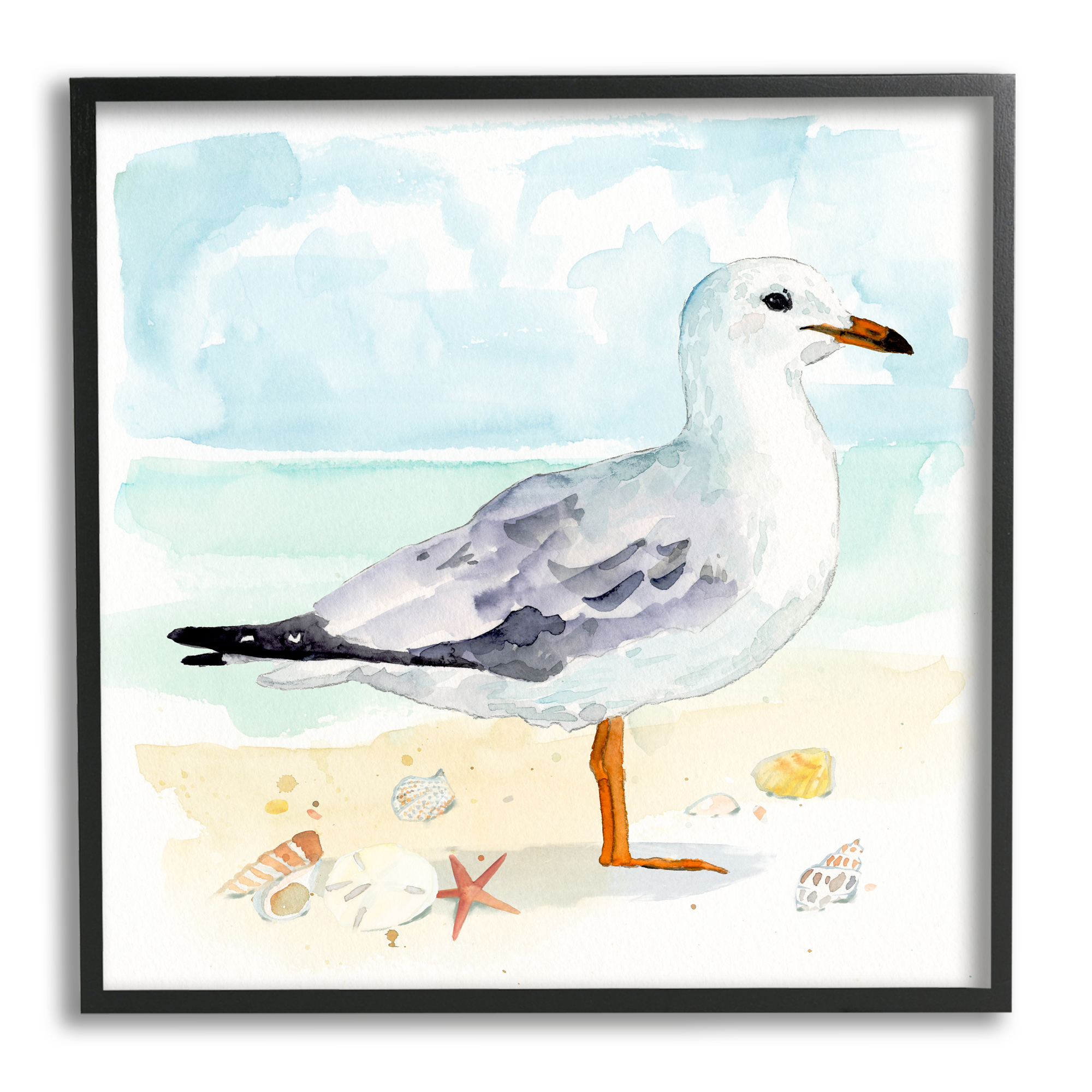 Stupell Industries Seagull & Seashells on Shore Animals & Insects Painting Black Framed Art Print Wall Art, 17 x 17
