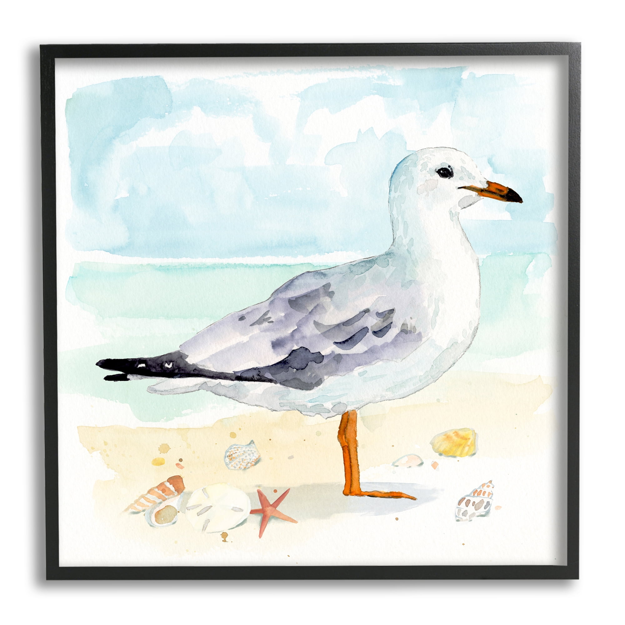 Stupell Industries Seagull & Seashells on Shore Animals & Insects Painting Black Framed Art Print Wall Art, 24 x 24