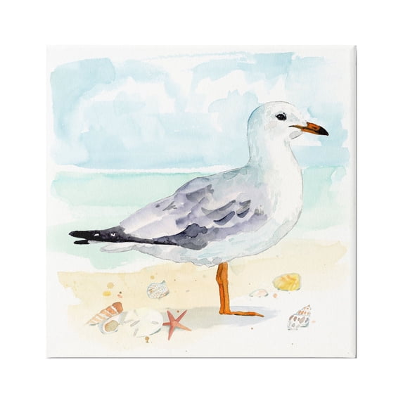 Stupell Industries Seagull & Seashells on Shore Animals & Insects Painting Gallery Wrapped Canvas Art Print Wall Art, 17 x 17
