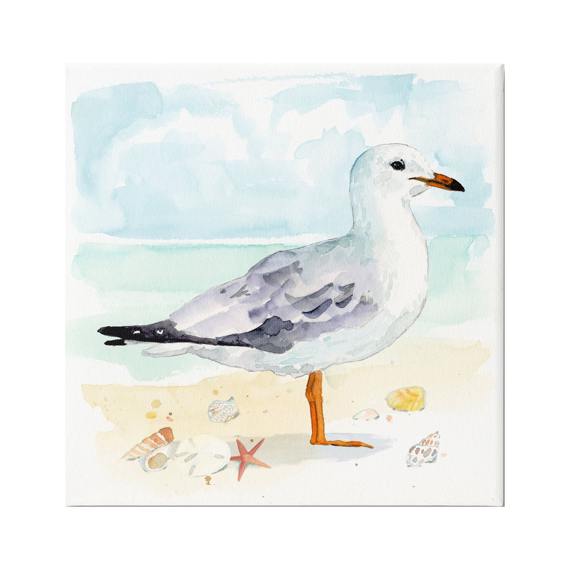 Stupell Industries Seagull & Seashells on Shore Animals & Insects Painting Gallery Wrapped Canvas Art Print Wall Art, 30 x 30