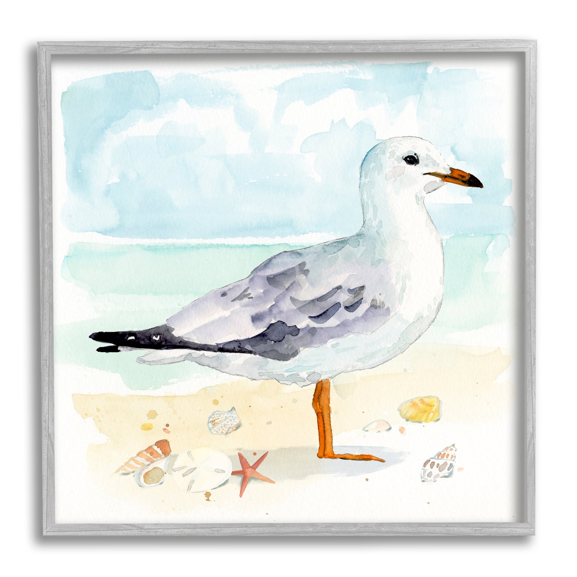 Stupell Industries Seagull & Seashells on Shore Animals & Insects Painting Gray Framed Art Print Wall Art, 24 x 24