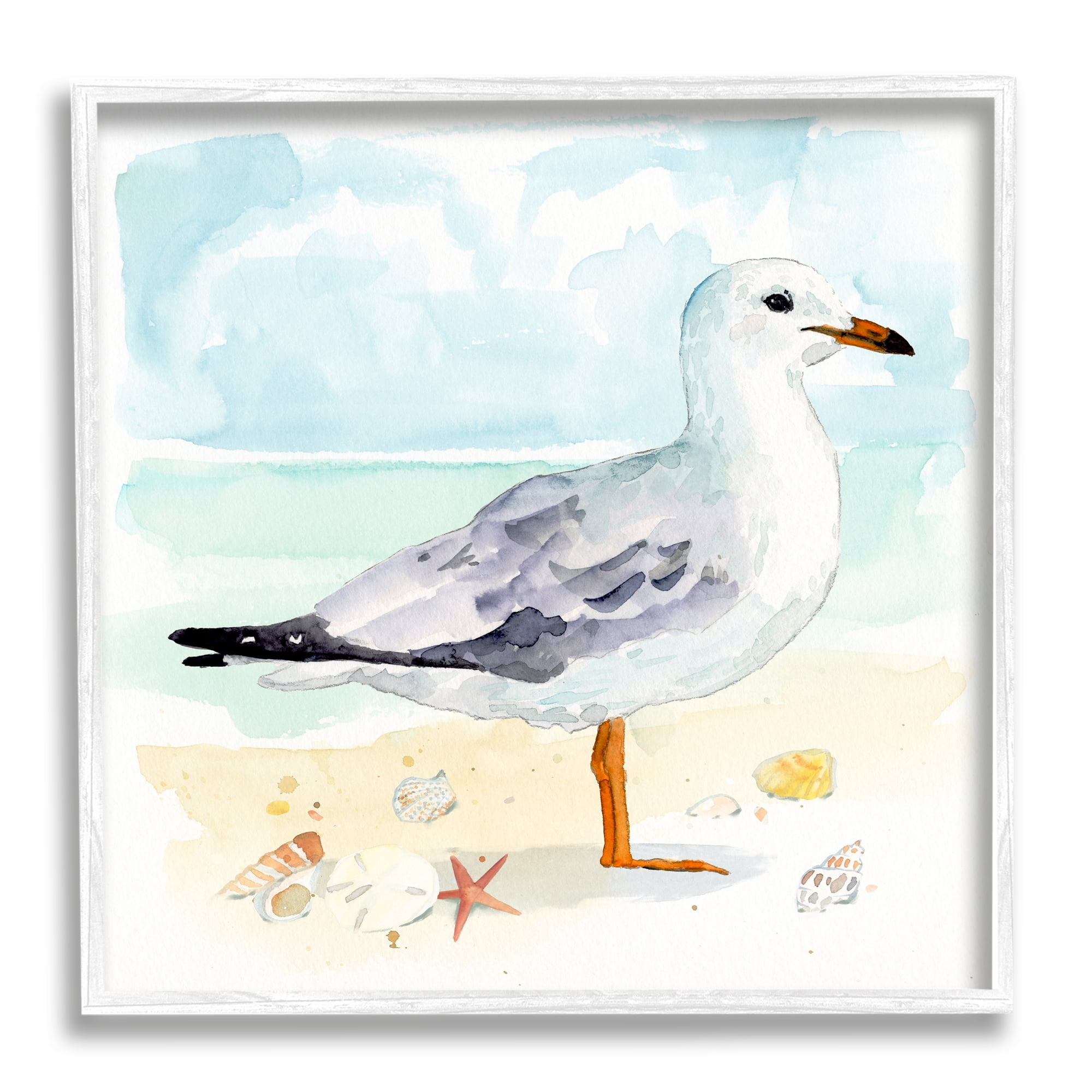 Stupell Industries Seagull & Seashells on Shore Animals & Insects Painting White Framed Art Print Wall Art, 12 x 12