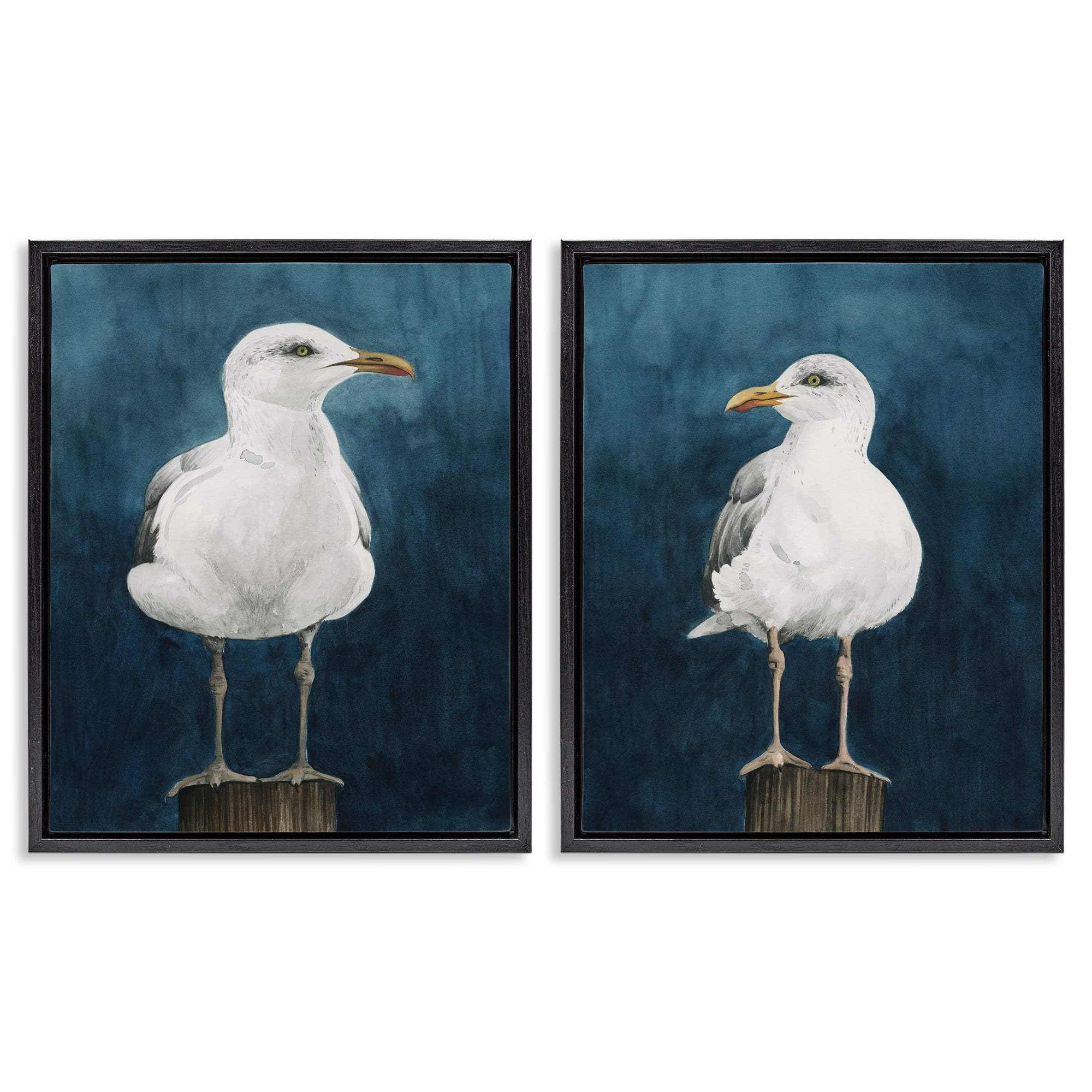 Stupell Industries Seagull Standing on Log Animals Painting Black Floater Framed Canvas Art Print Wall Art, 17 x 21, Set of 2