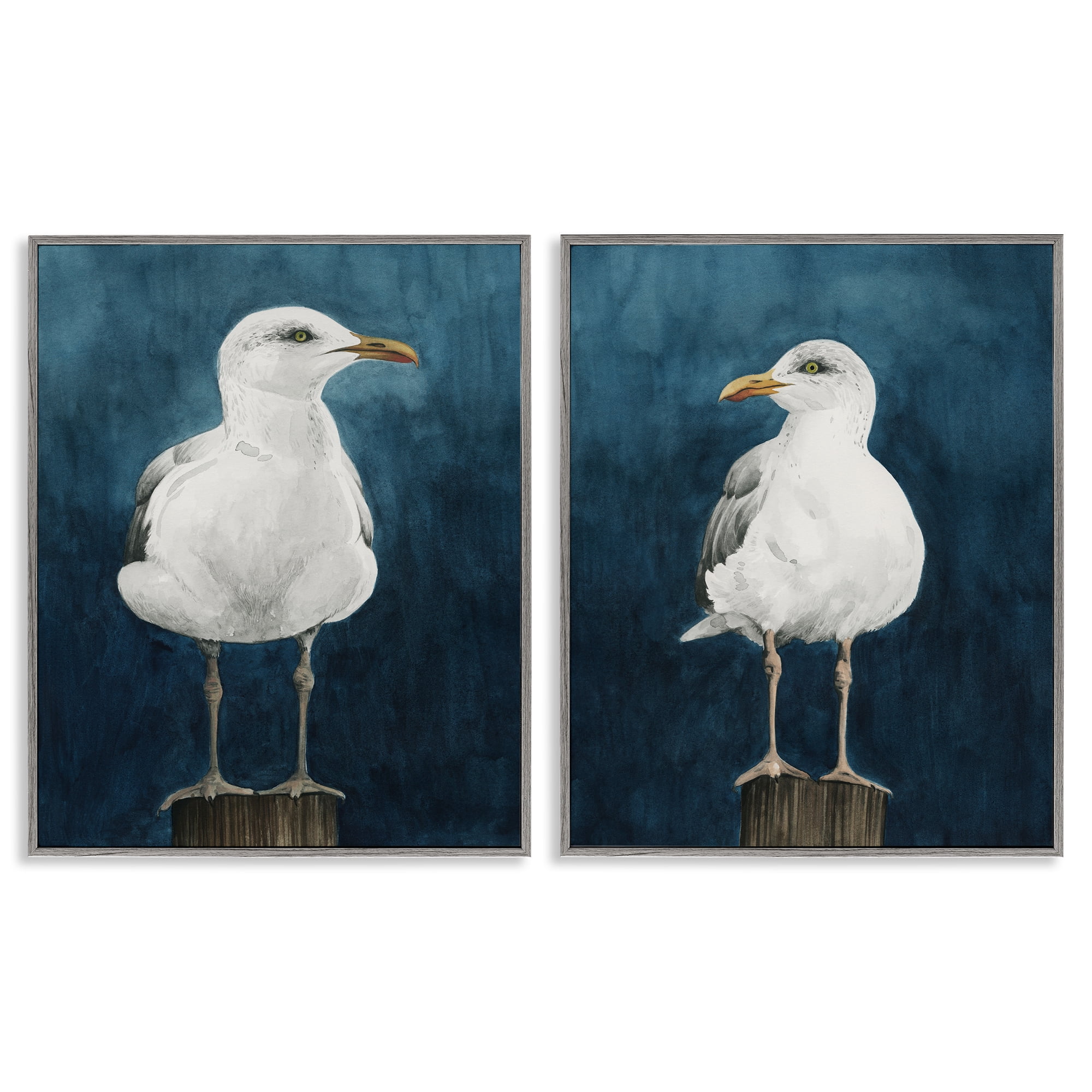 Stupell Industries Seagull Standing on Log Animals Painting Gray Framed Art Print Wall Art, 11 x 14, Set of 2