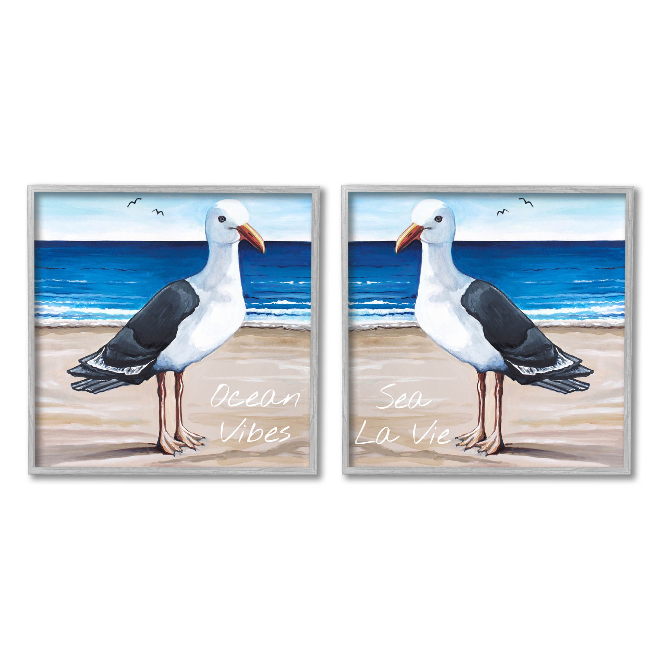 Stupell Industries Seagull Summer Beach Phrase Graphic Art Gray Framed Art Print Wall Art, Set of 2, Design by Elizabeth Tyndall