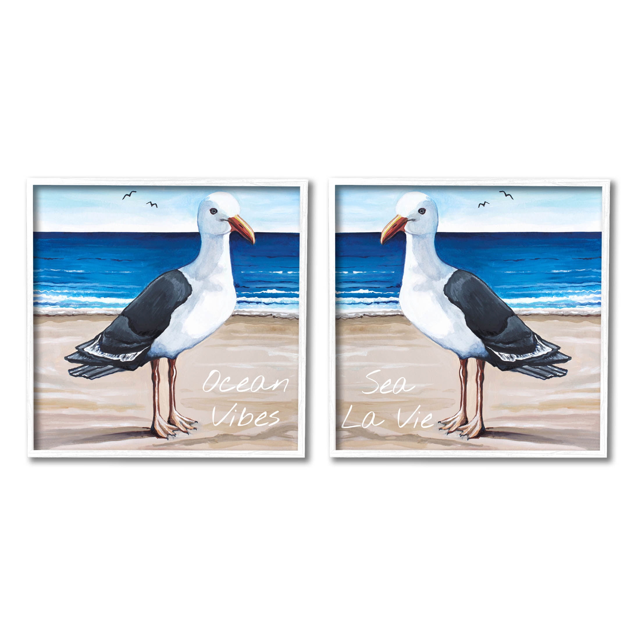 Stupell Industries Seagull Summer Beach Phrase Graphic Art White Framed Art Print Wall Art, Set of 2, Design by Elizabeth Tyndall