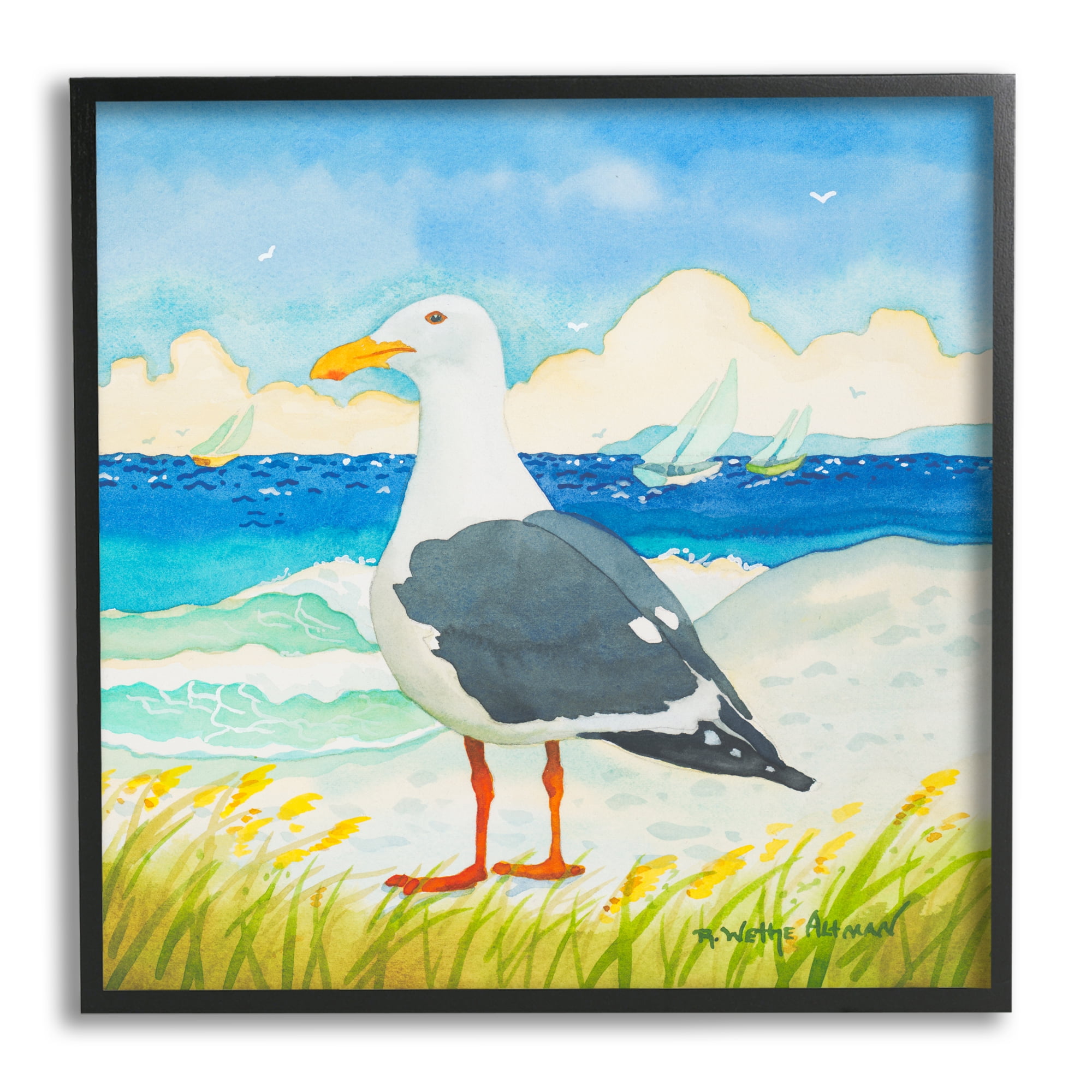 Stupell Industries Seagull on Beach Painting Animals & Insects Painting Black Framed Art Print Wall Art, 17 x 17