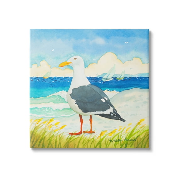 Stupell Industries Seagull on Beach Painting Animals & Insects Painting Gallery Wrapped Canvas Print Wall Art, 17 x 17