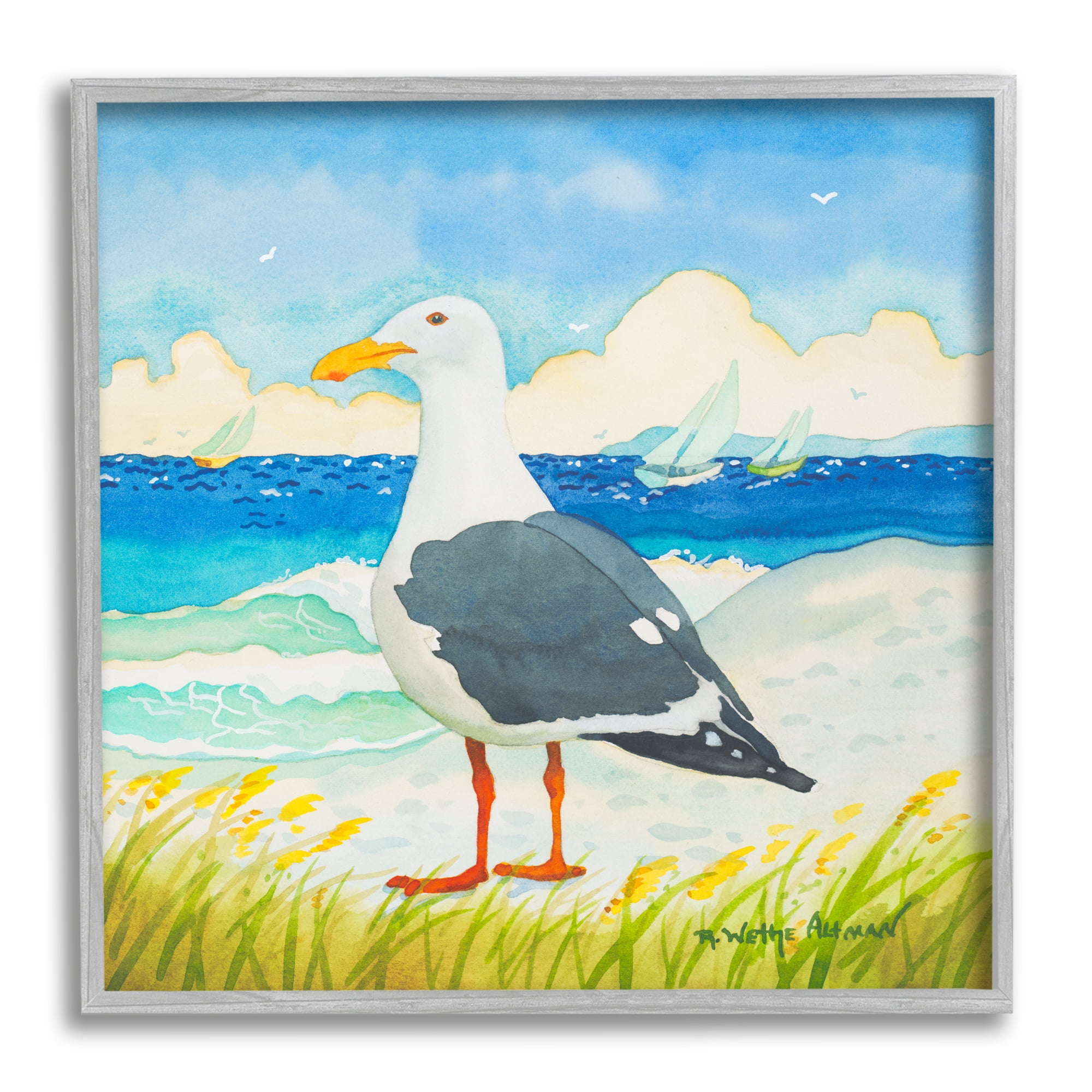Stupell Industries Seagull on Beach Painting Animals & Insects Painting Gray Framed Art Print Wall Art, 17 x 17