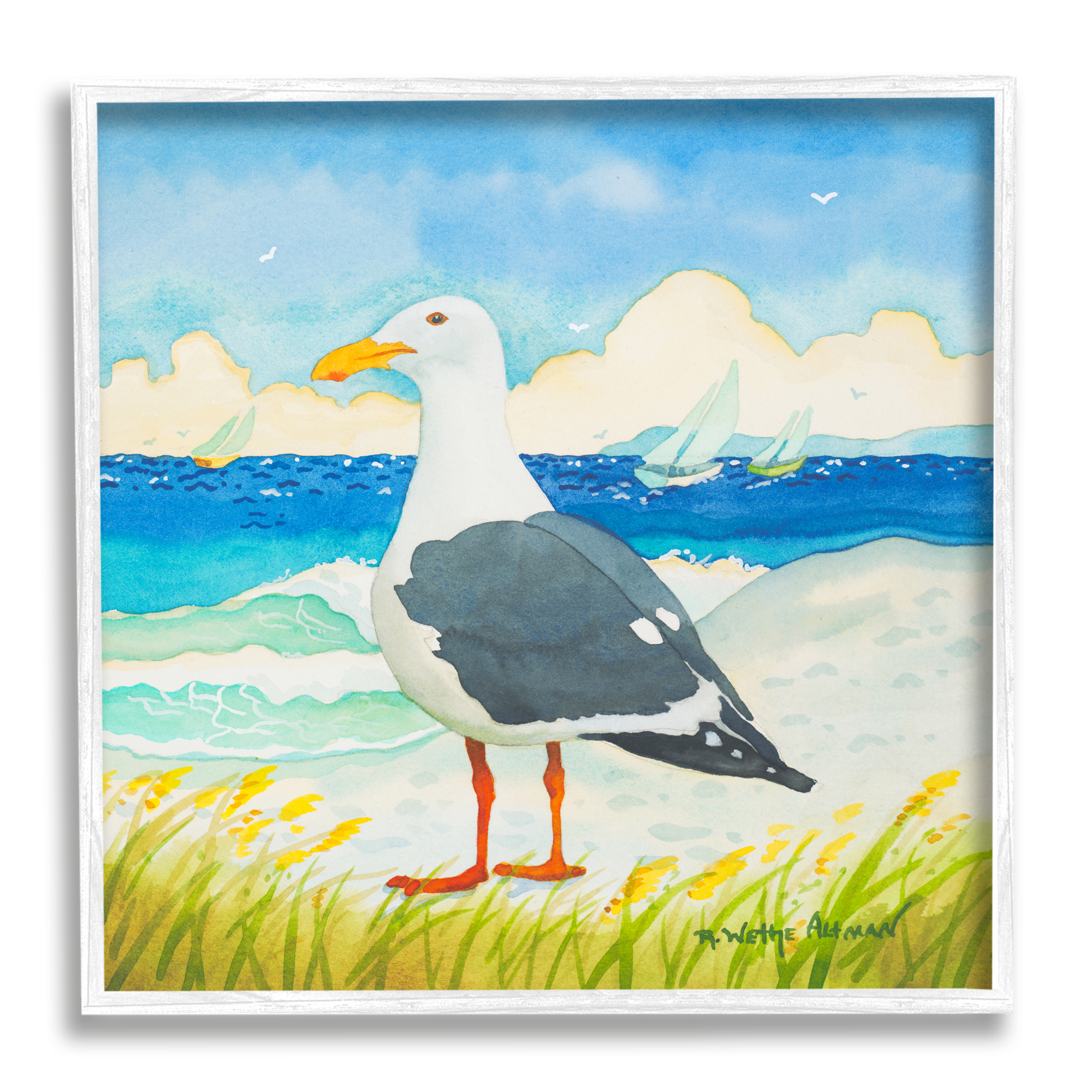 Stupell Industries Seagull on Beach Painting Animals & Insects Painting White Framed Art Print Wall Art, 24 x 24