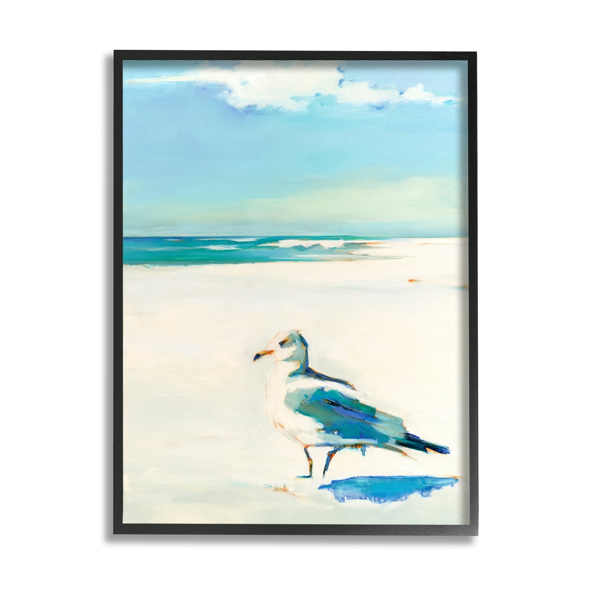 Stupell Industries Seagull on Sandy Shore Soft Tranquil Beach Scene Paintings Black Framed Art Print Wall Art, 24x30, by Kathleen Broaderick