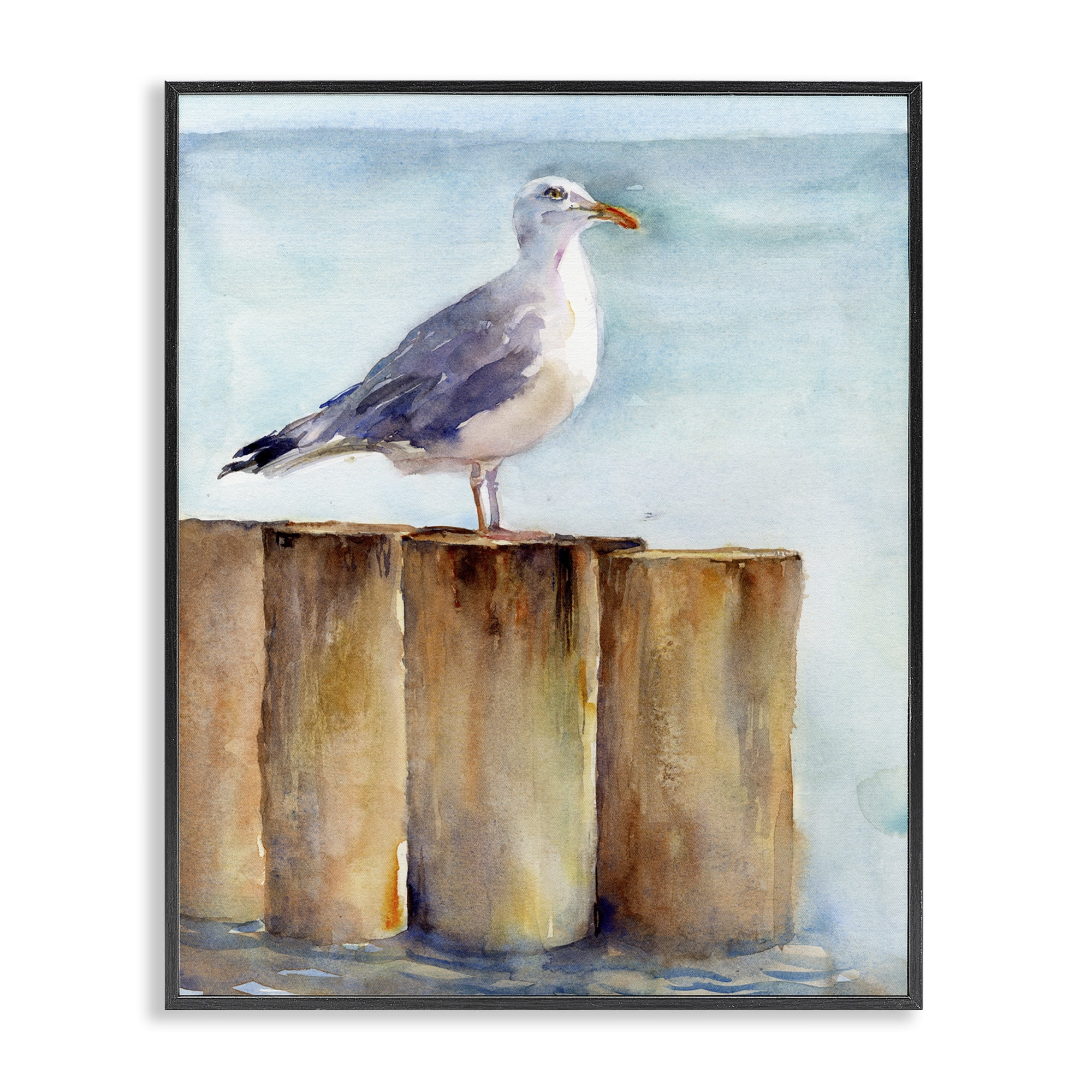 Stupell Industries Seagull's Perch by Sea Nautical & Beach Painting Black Framed Art Print Wall Art, 16 x 20