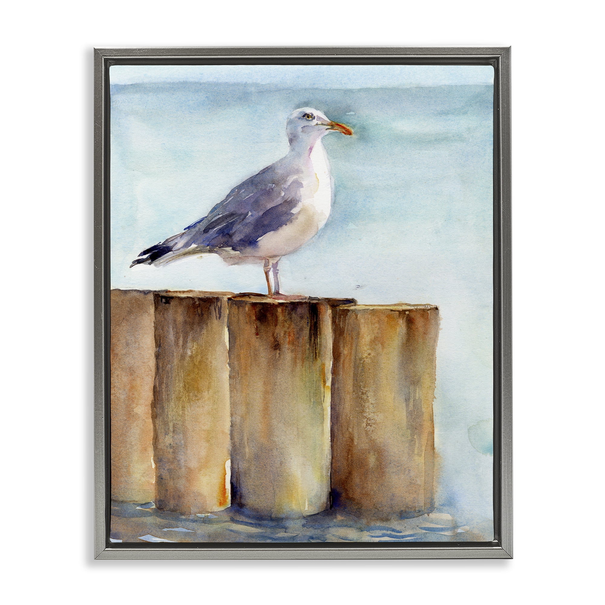 Stupell Industries Seagull's Perch by Sea Nautical & Beach Painting Gray Floater Framed Canvas Art Print Wall Art, 17 x 21
