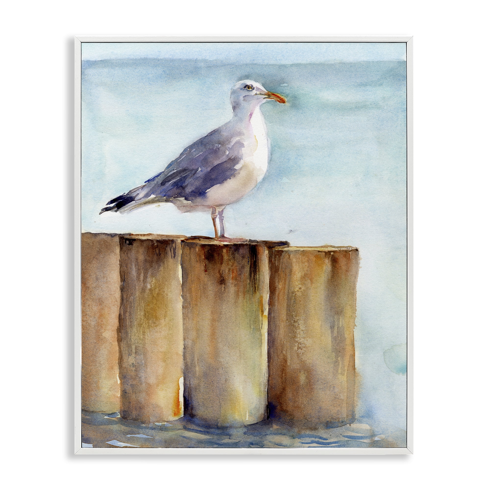 Stupell Industries Seagull's Perch by Sea Nautical & Beach Painting White Framed Art Print Wall Art, 16 x 20